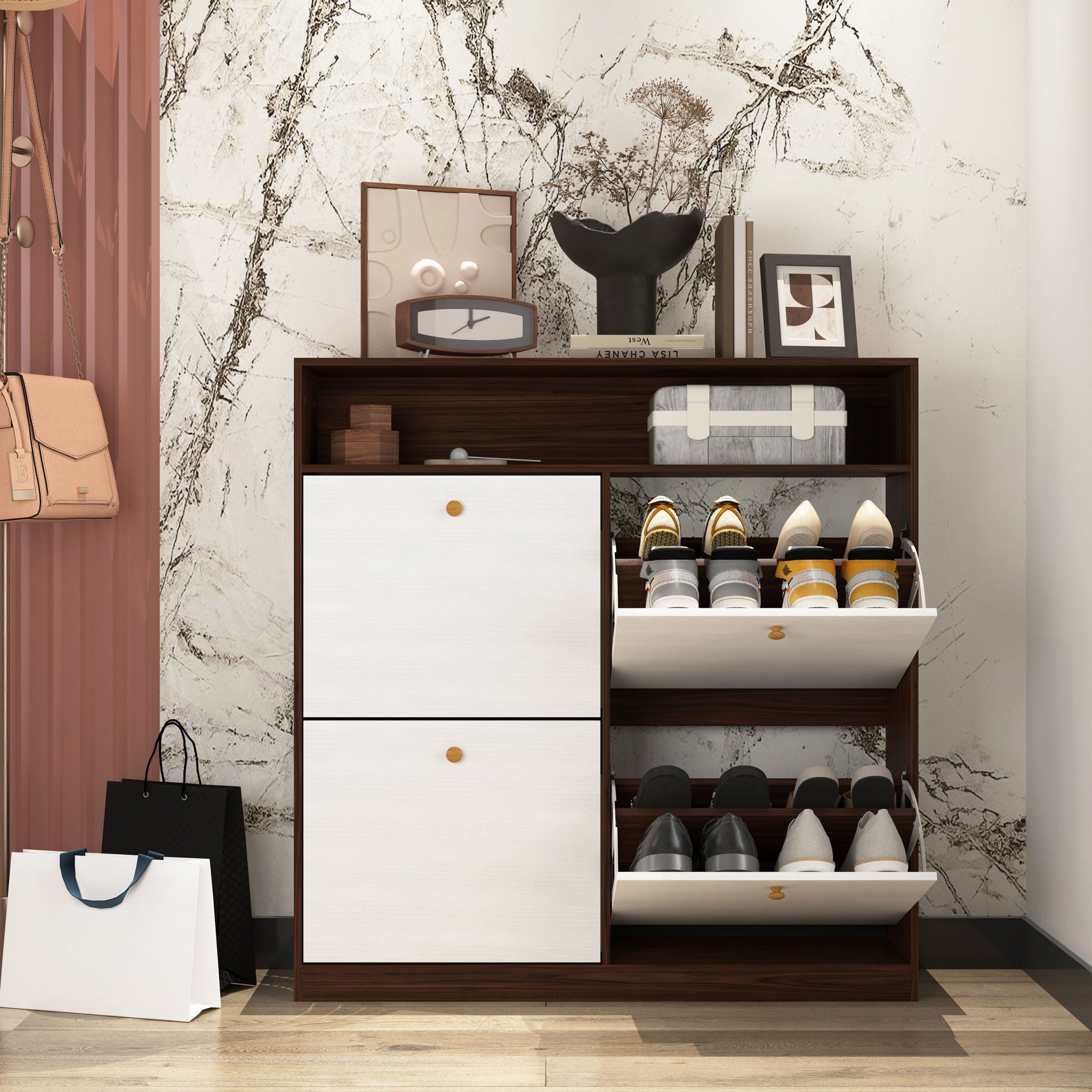 Modern Freestanding Shoe Storage Cabinet With 4 Flip Drawers