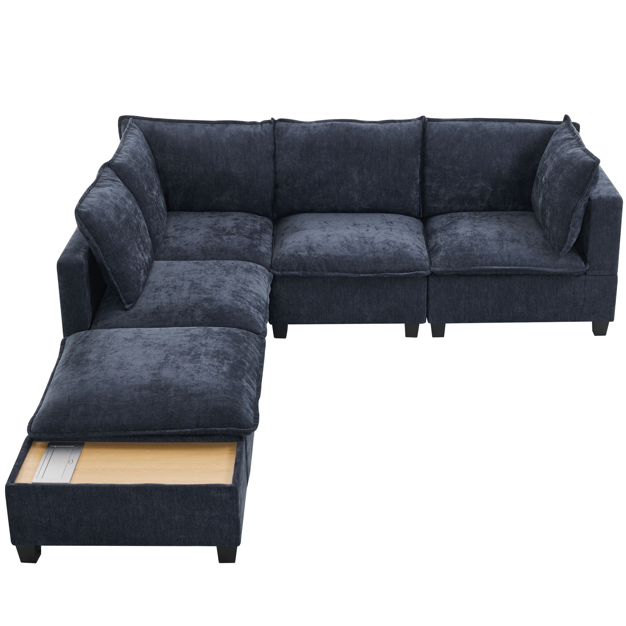 U-Shaped Sectional Modular Sofa With A Movable Ottoman, A Coffee Table With Hidden Charging Devices For Living Room