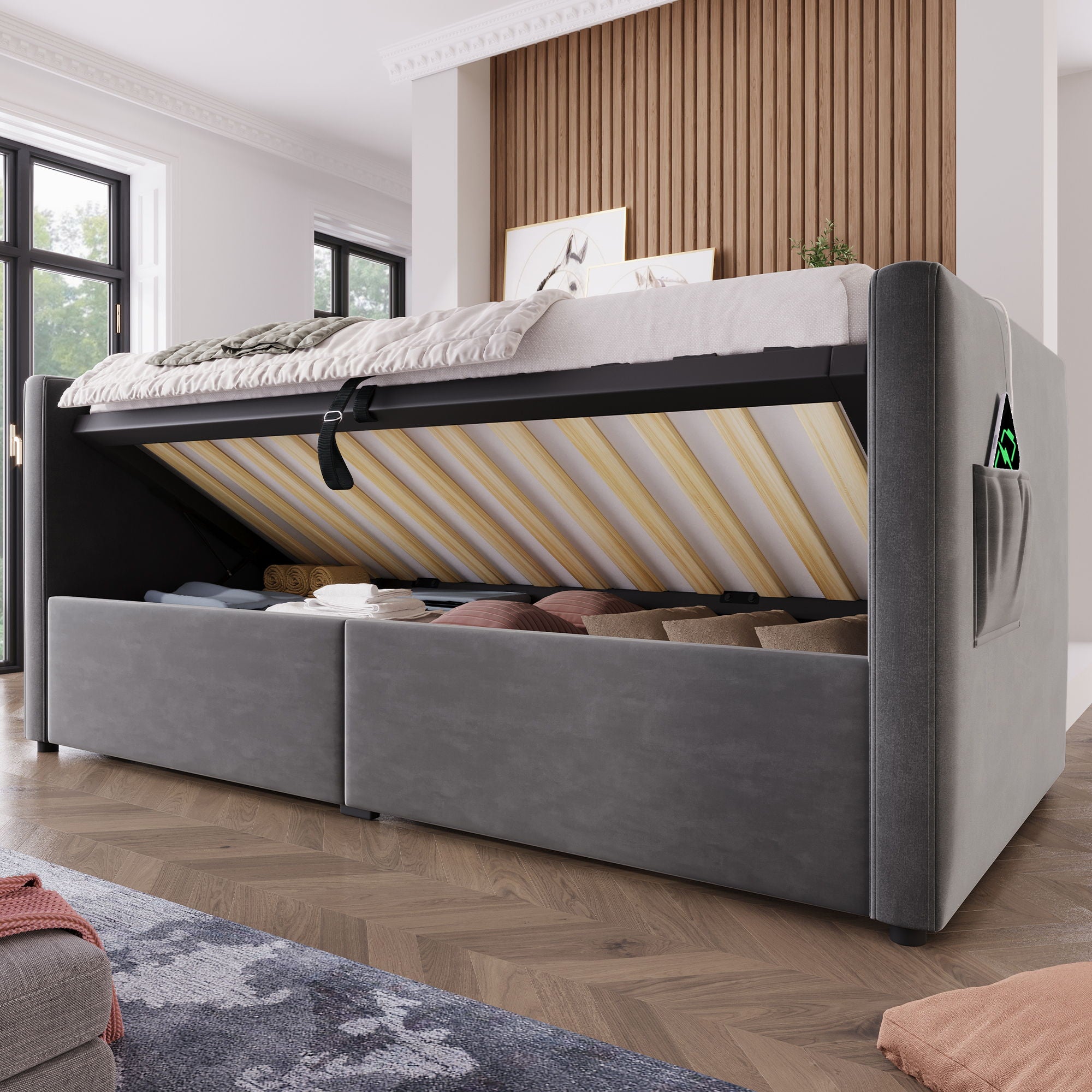 Upholstered Hydraulic Storage Daybed With USB & Type C Charging