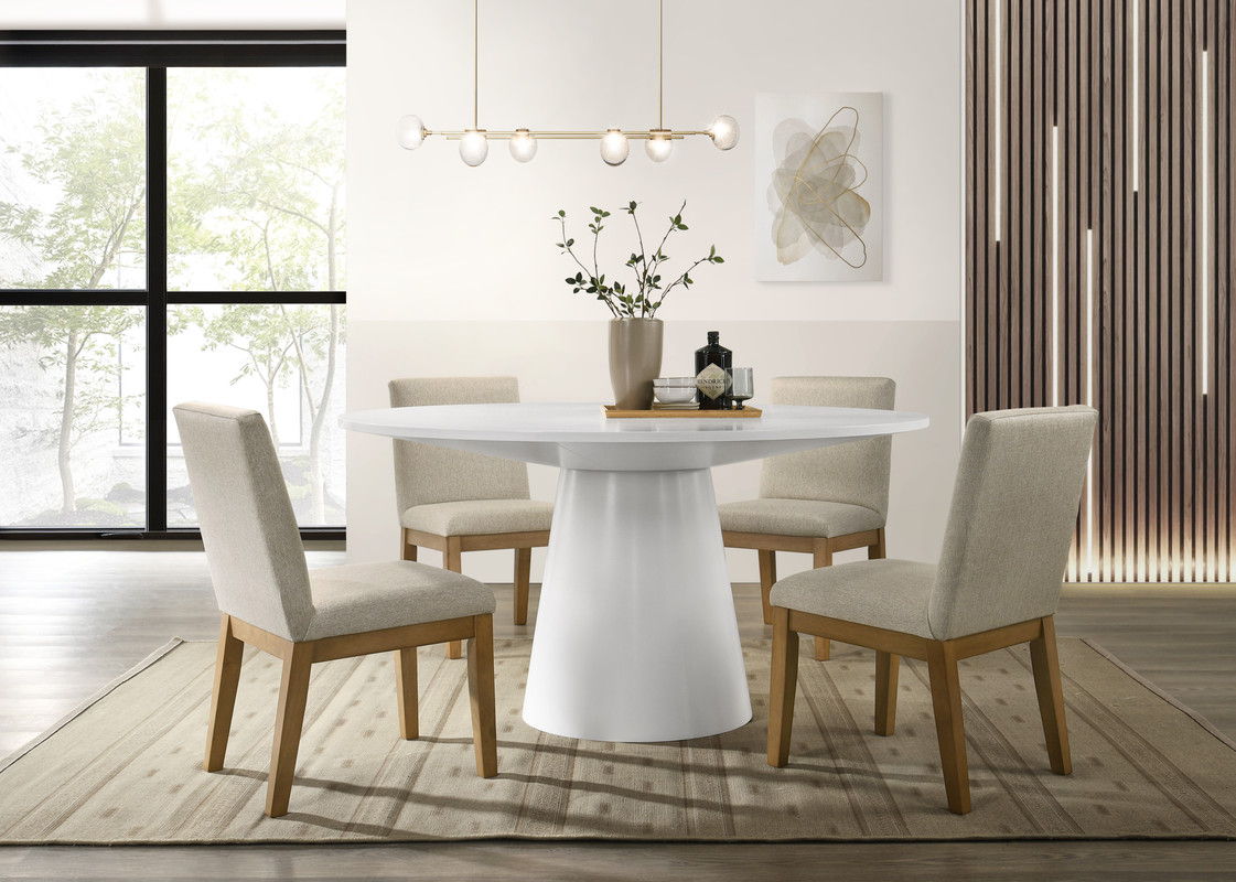 Jasper White 5 Piece 59" Contemporary Round Dining Table Set with Pedestal Base and Beige Fabric Chairs
