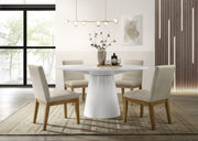 Jasper White 5 Piece 59" Contemporary Round Dining Table Set with Pedestal Base and Beige Fabric Chairs