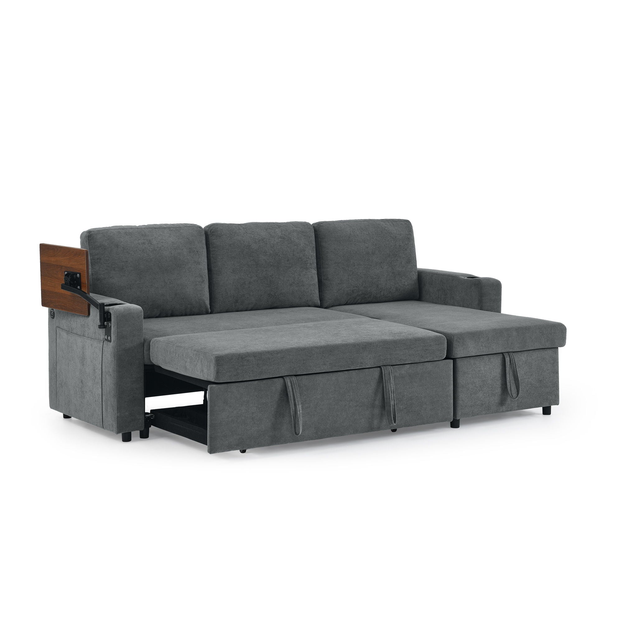 Multi Functional Pull Out Bed Sofa With Retractable Table, LED Lighting, USB Charging Ports & Cup Holders