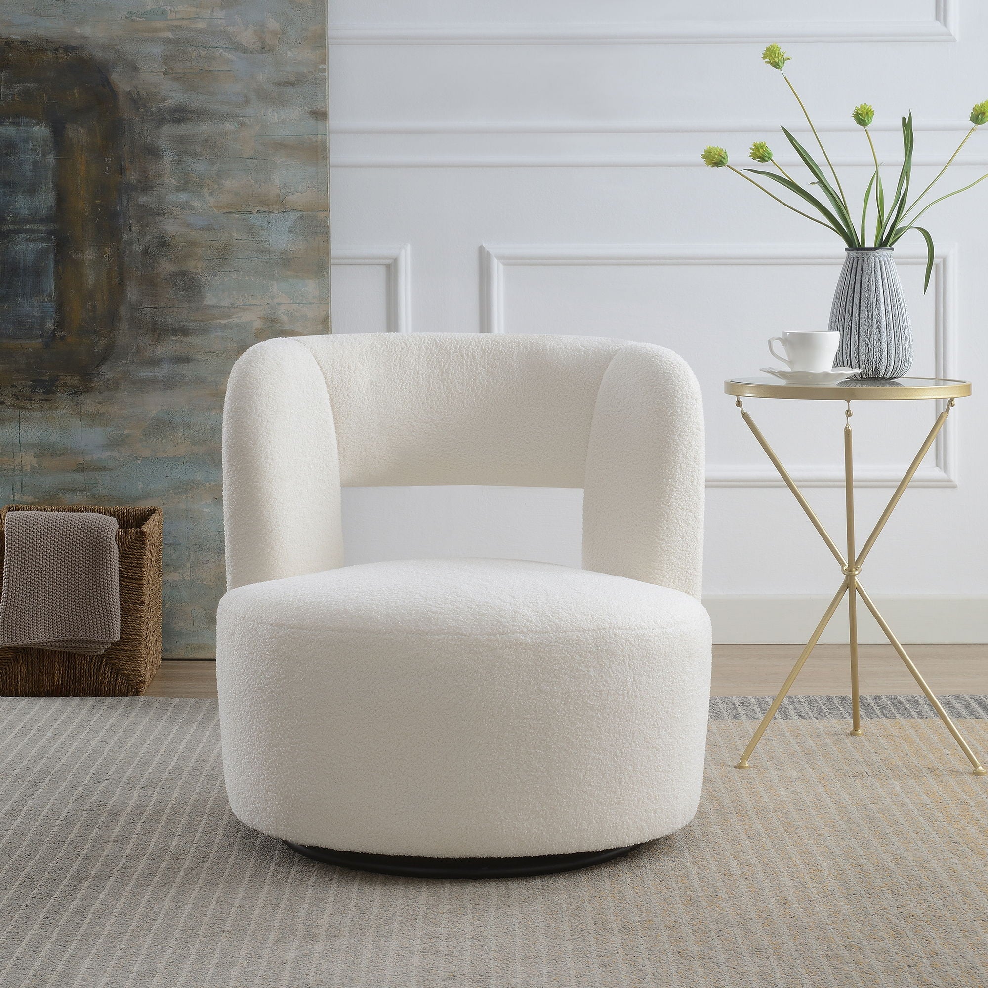 Swivel Comfy Round Barrel Chair With Soft Teddy Fabric For Living Room