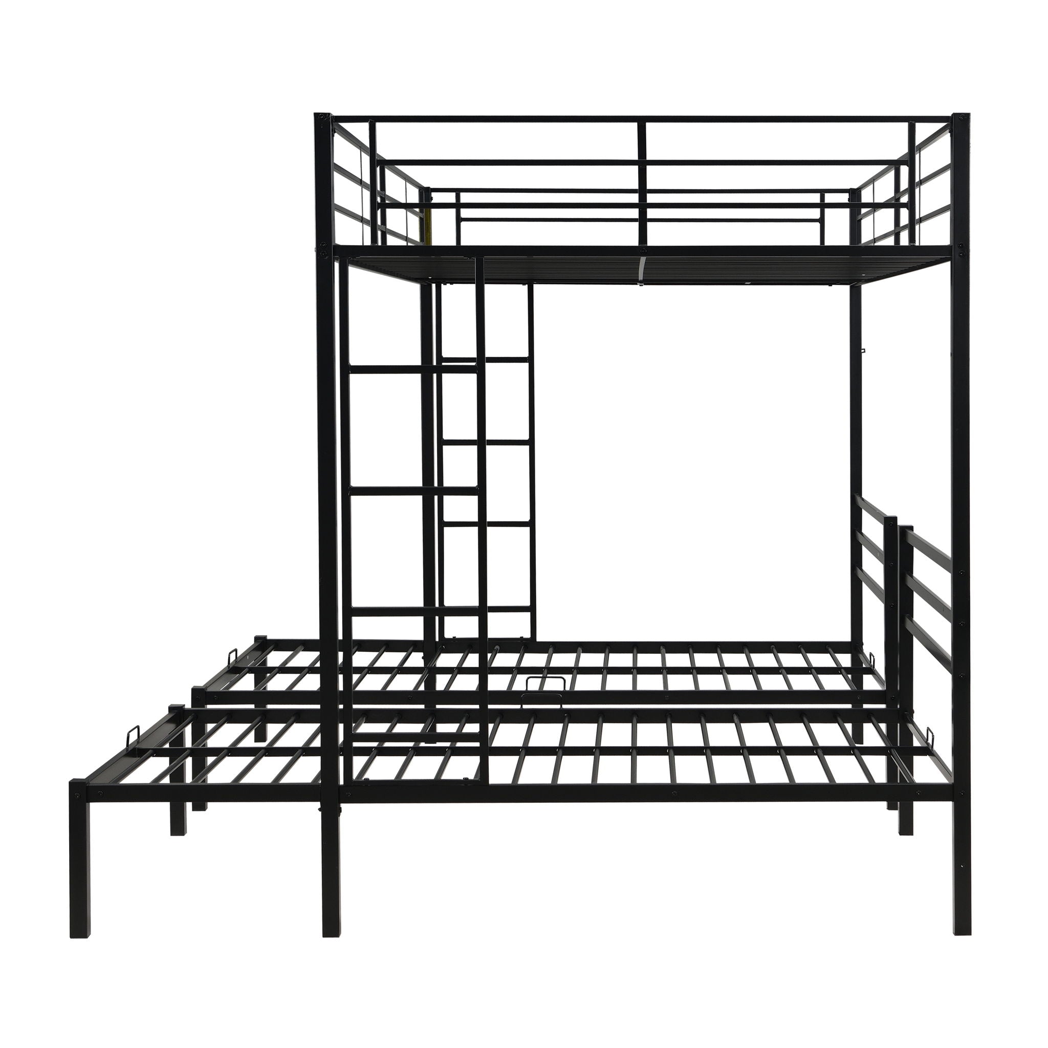 Modern Metal Triple Bunk Bed With Vertical Ladder, Safety Rail, And Storage Shelf - Black