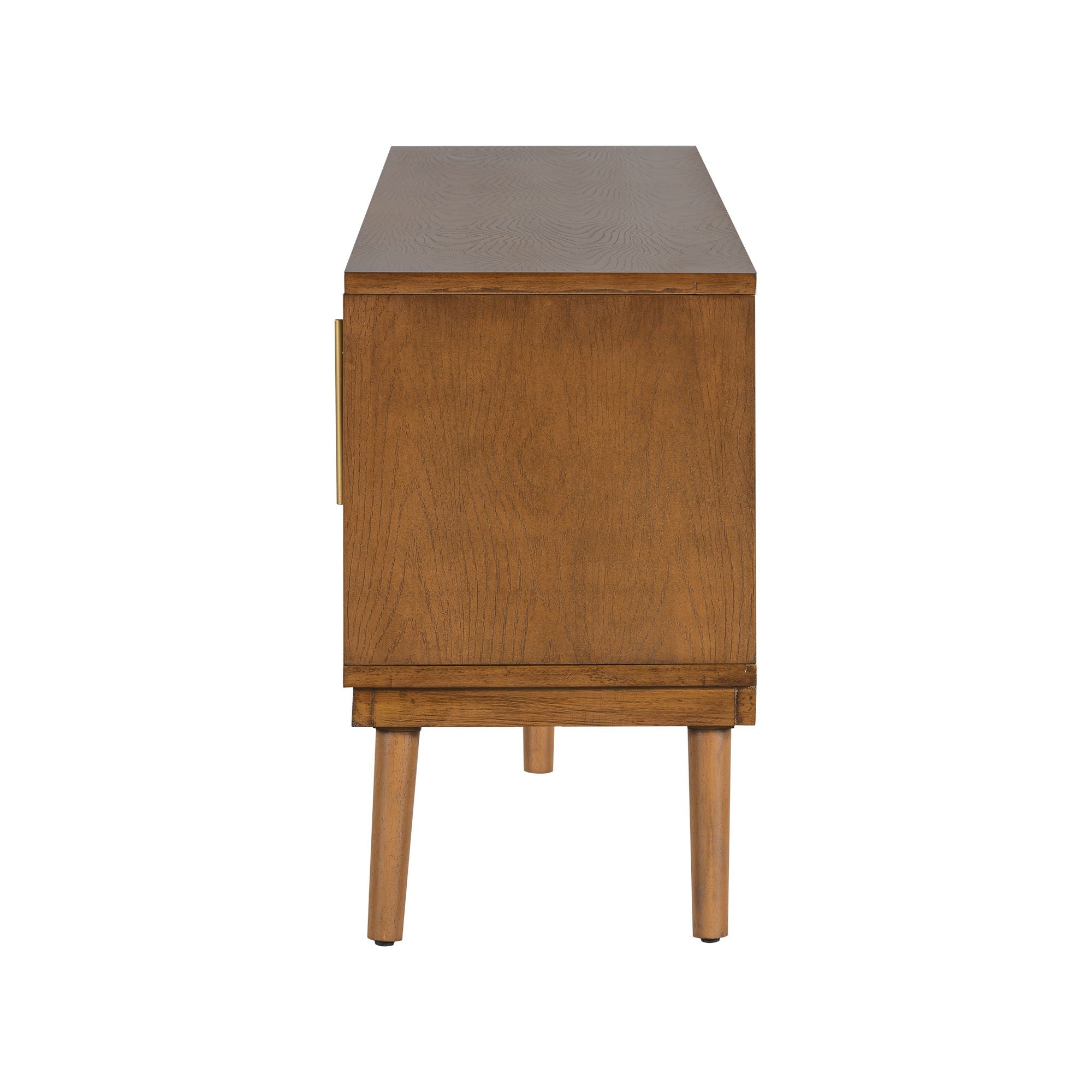 TV Stand With Vertical Slatted Doors And Sliding Panels, Solid Wood Legs - Brown