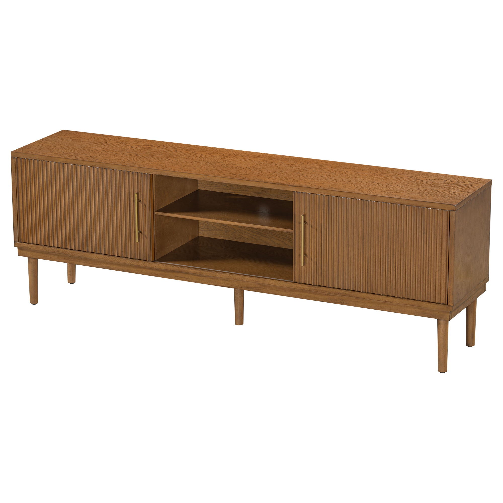 TV Stand With Vertical Slatted Doors And Sliding Panels, Solid Wood Legs - Brown