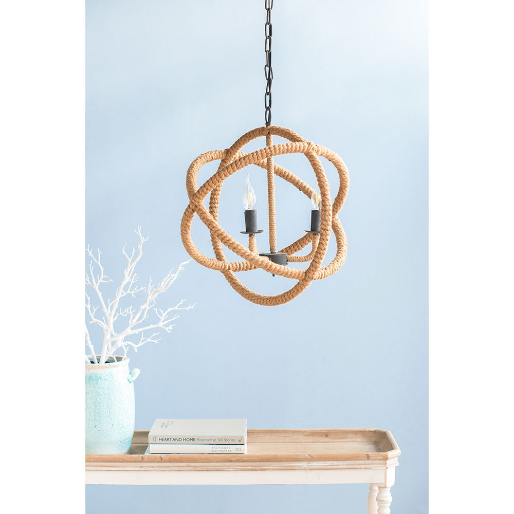3 Light Farmhouse Chandelier, Rope Chandelier Globe Hanging Light Fixture With With Adjustable Chain For Kitchen, Bulb Not Included - Beige Brown