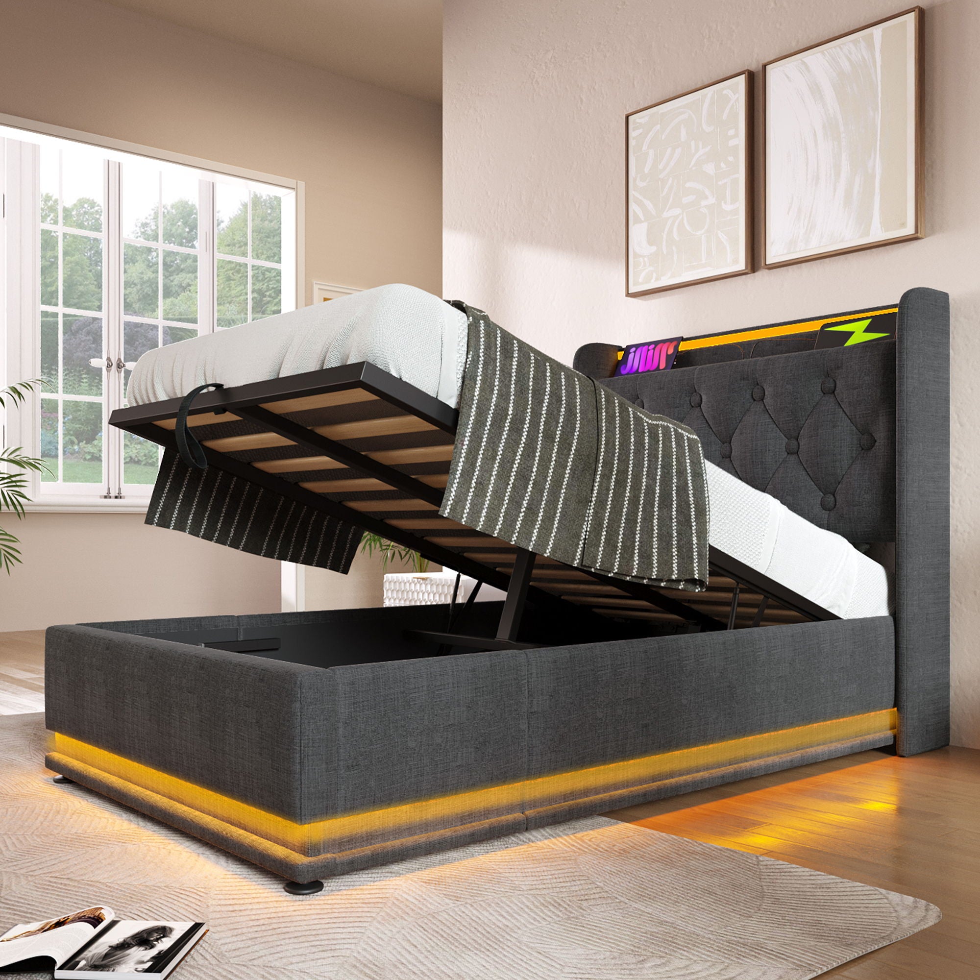 Upholstered Bed, 360 Surround LED Function, Remote Control, Hydraulic Storage Bed With USB, Type-C Charging (Without Mattress)