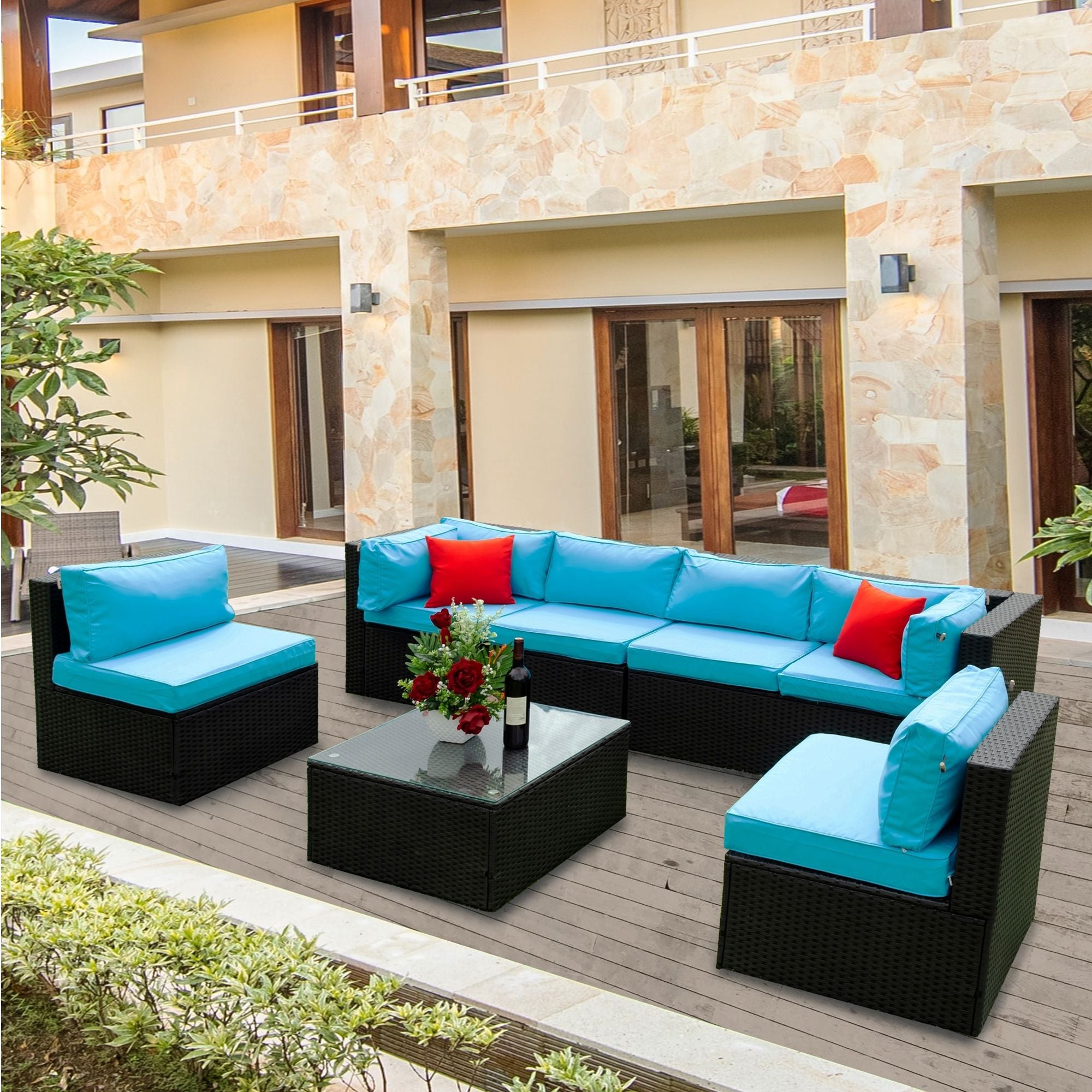 5 Pieces Rattan Sectional Outdoor Furniture Cushioned U Sof Set With 2 Pillow - Black / Blue