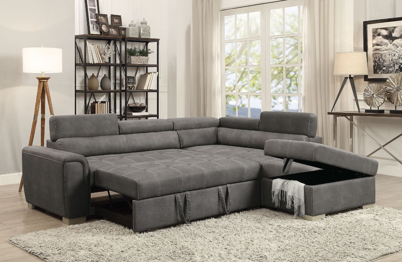 ACME Thelma Sectional Sofa - Gray Polished Microfiber | Meri Furniture
