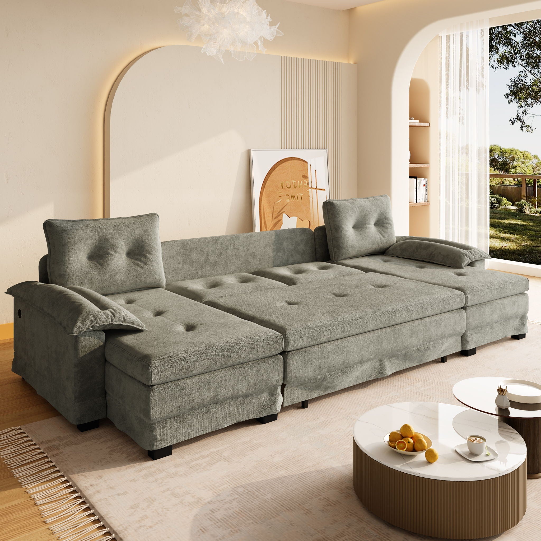 U-Shaped Sleeper Sofa With Pull Out Bed, Removable Armrests & USB Ports For Living Room