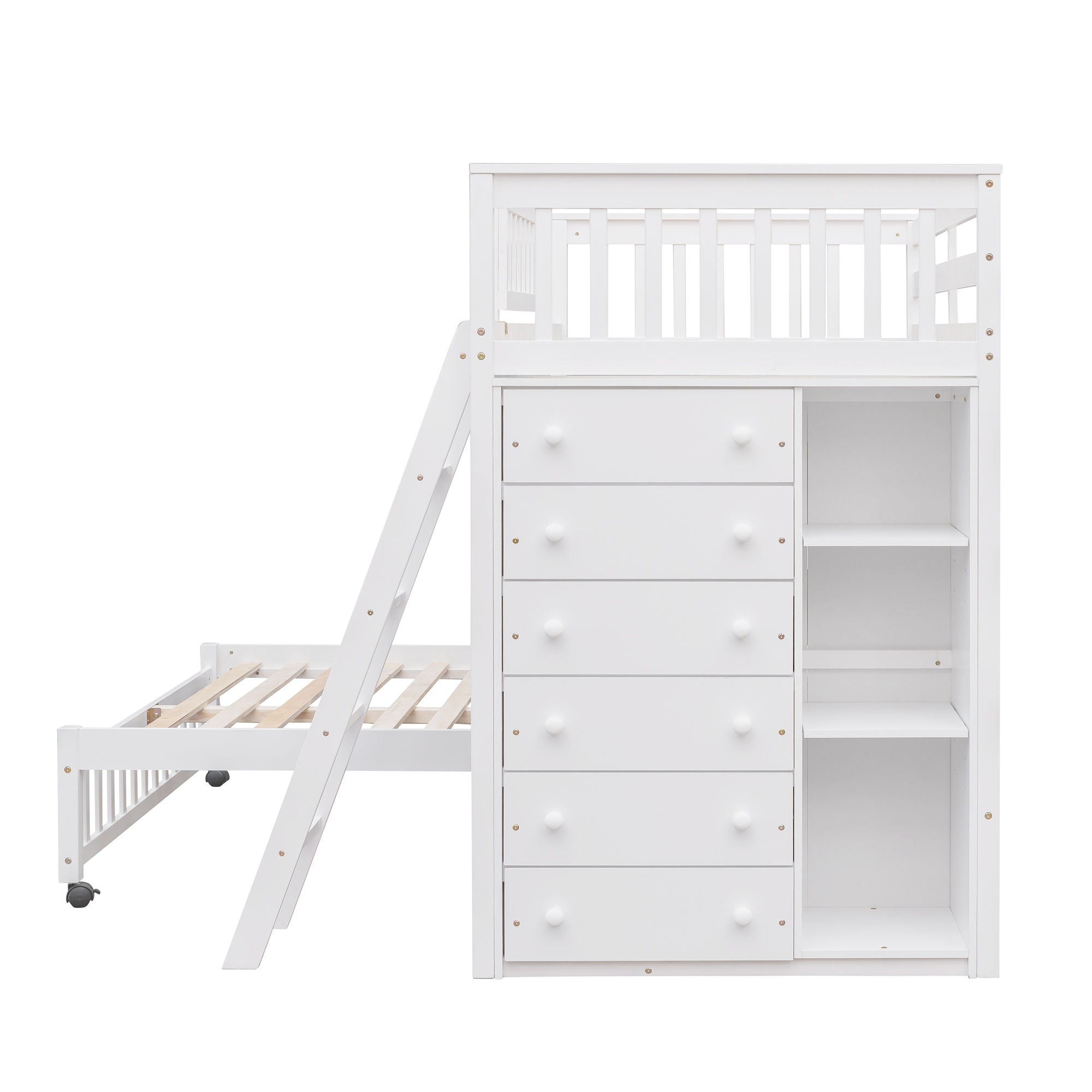 Bunk Bed With 6 Drawers And Flexible Shelves, Bottom Bed With Wheels