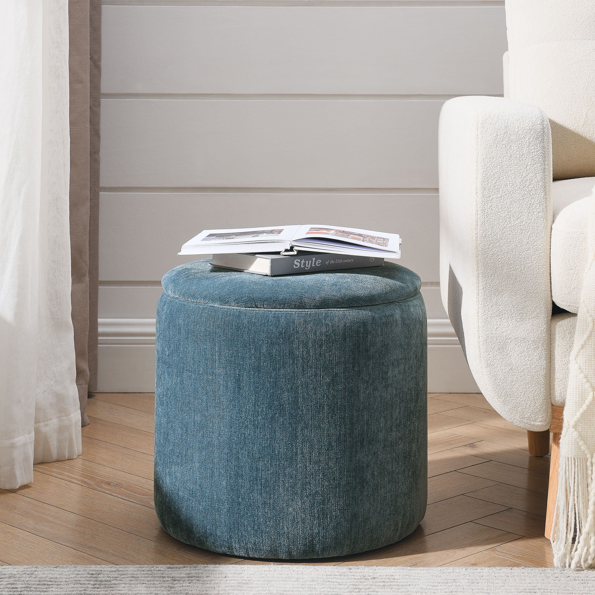 Classic 2 Piece Round Storage Ottoman Set With Drum Shaped Stool
