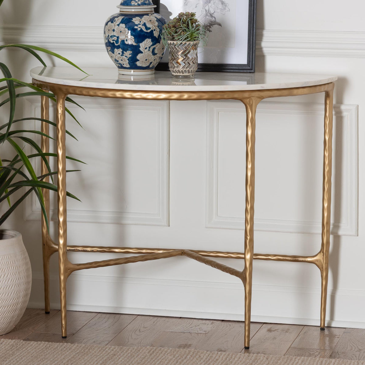 Akanji Marble Console Table - Modern Rustic Accent Table with Hand-Forged Metal Frame and Half-Moon Tabletop