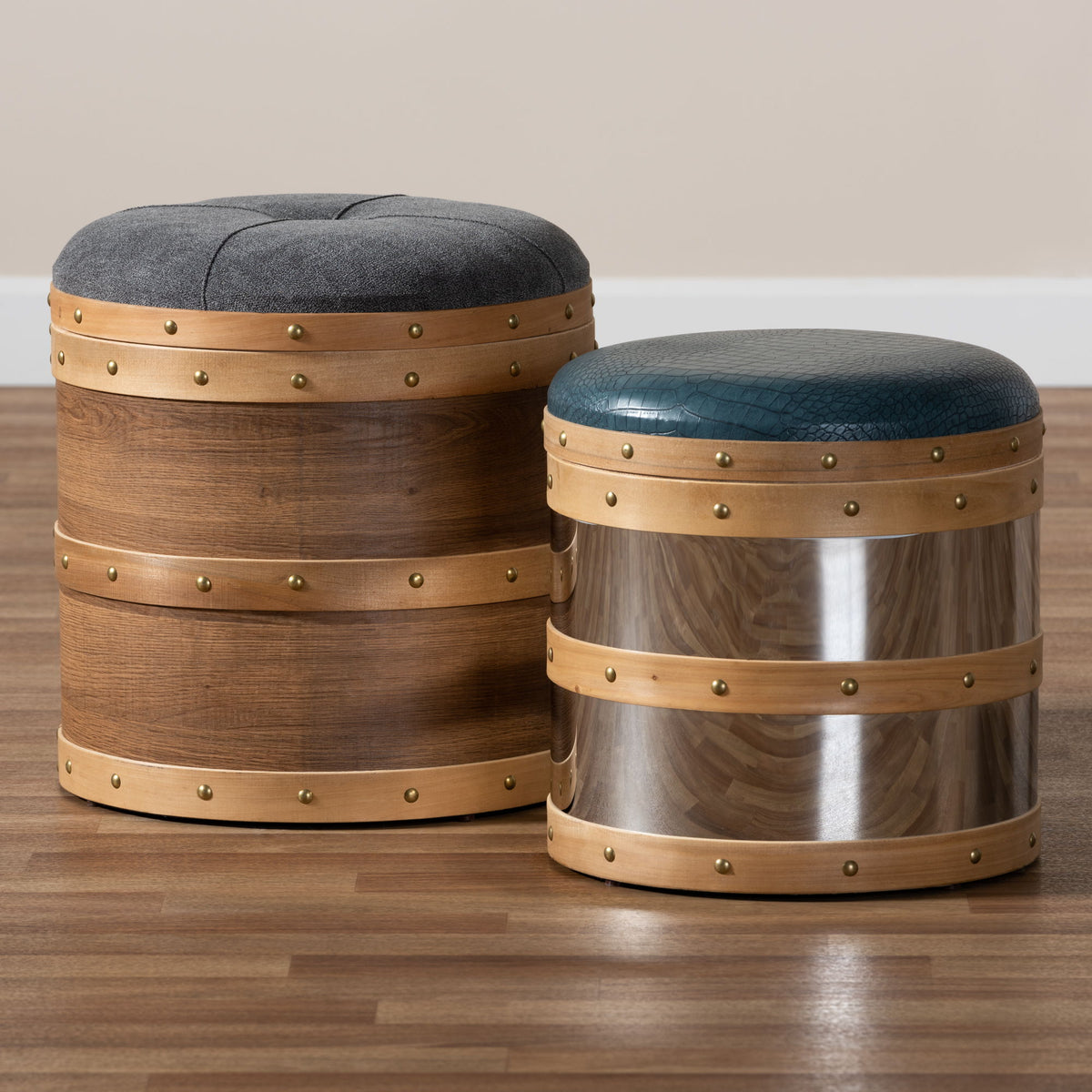 Caleb Modern Grey Fabric and Alligator Faux Leather 2-Piece Storage Ottoman Set
