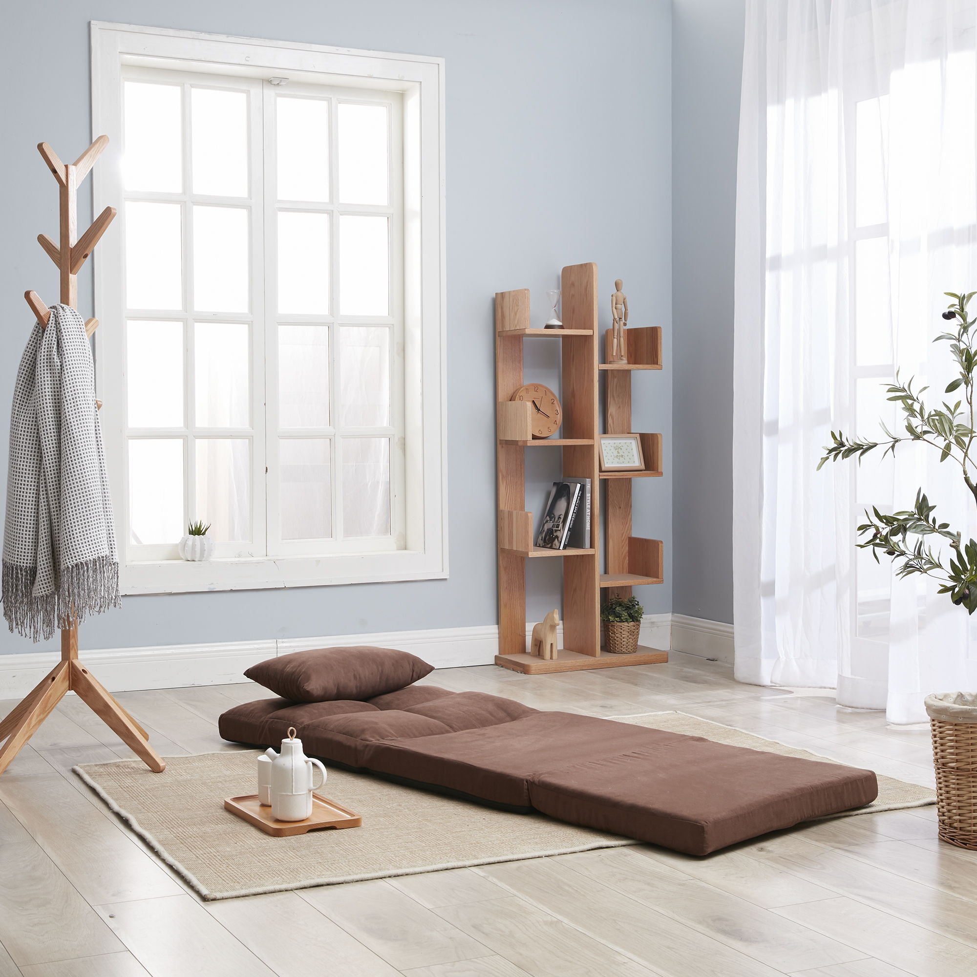 Modern Triple Fold Down Metal Frame Sofa Bed With 5 Reclining Positions And Pillow - Adjustable Upholstered Floor Couch For Gaming Or Guest Room - Brown