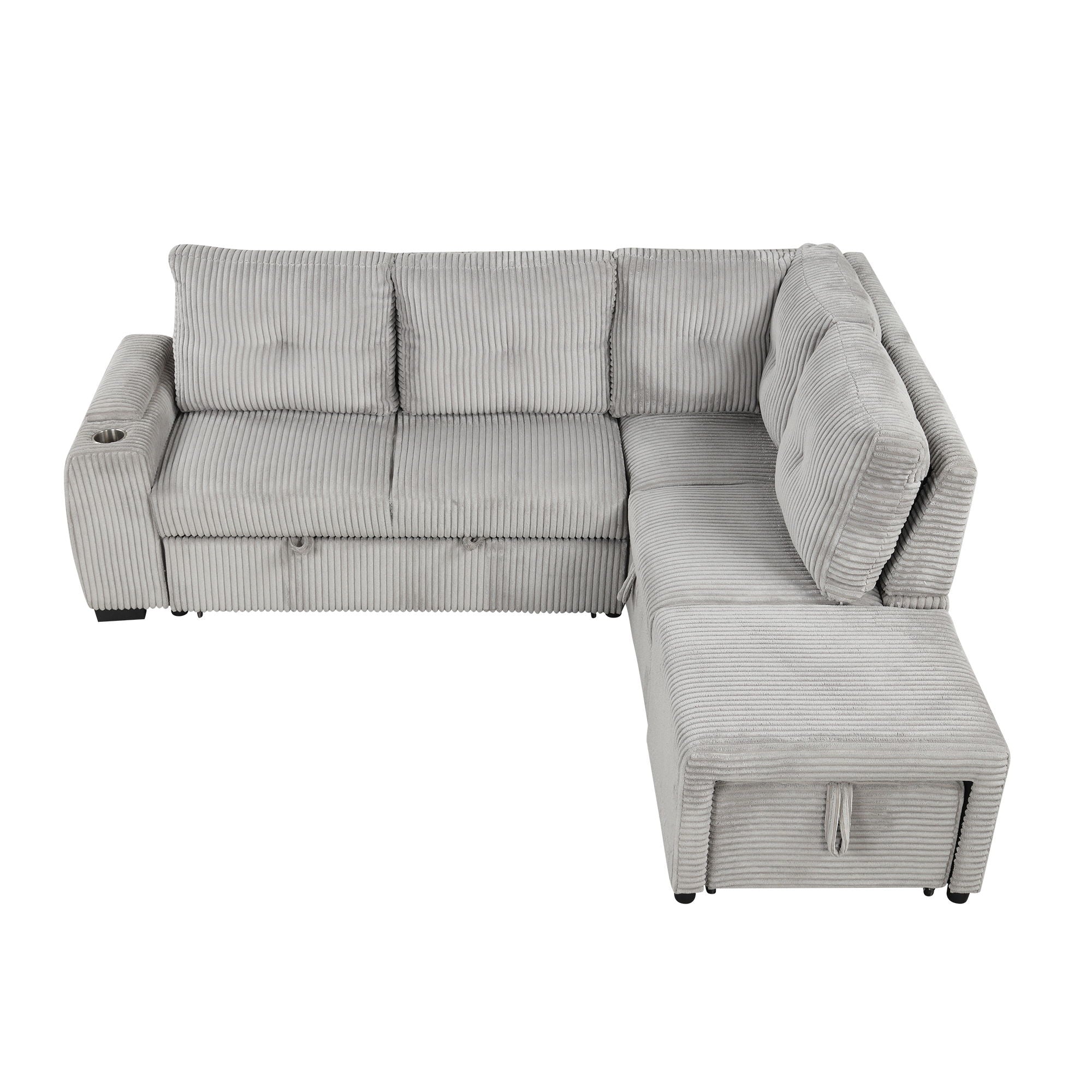 Pull-Out L-Shaped Sectional Sofa With Movable Ottoman And Stool, Large Storage Space, A Cup Holder, And 2 USB Ports For Living Room