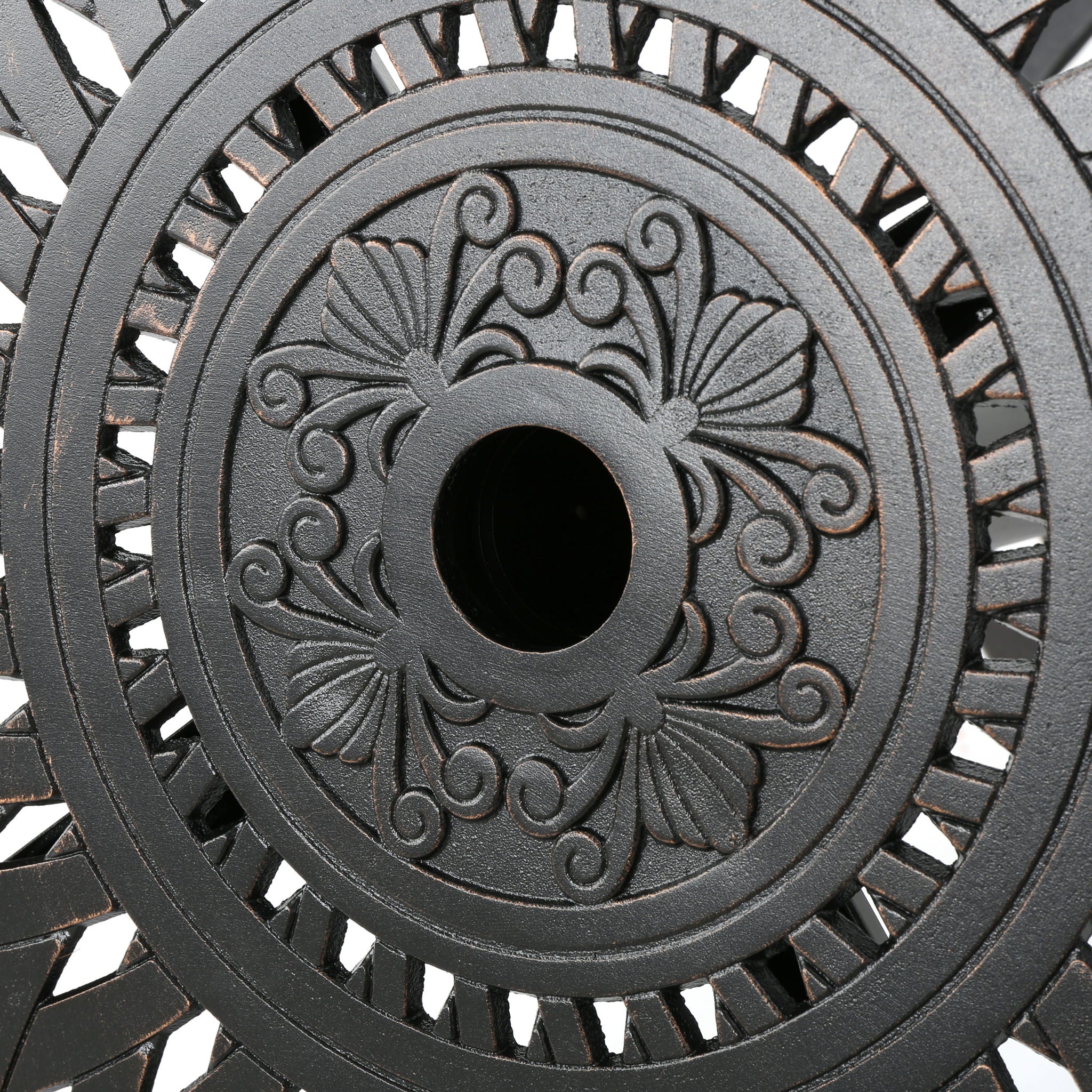 Elegant Cast Aluminum Round Bar Table With Romantic Filigree Design - Copper