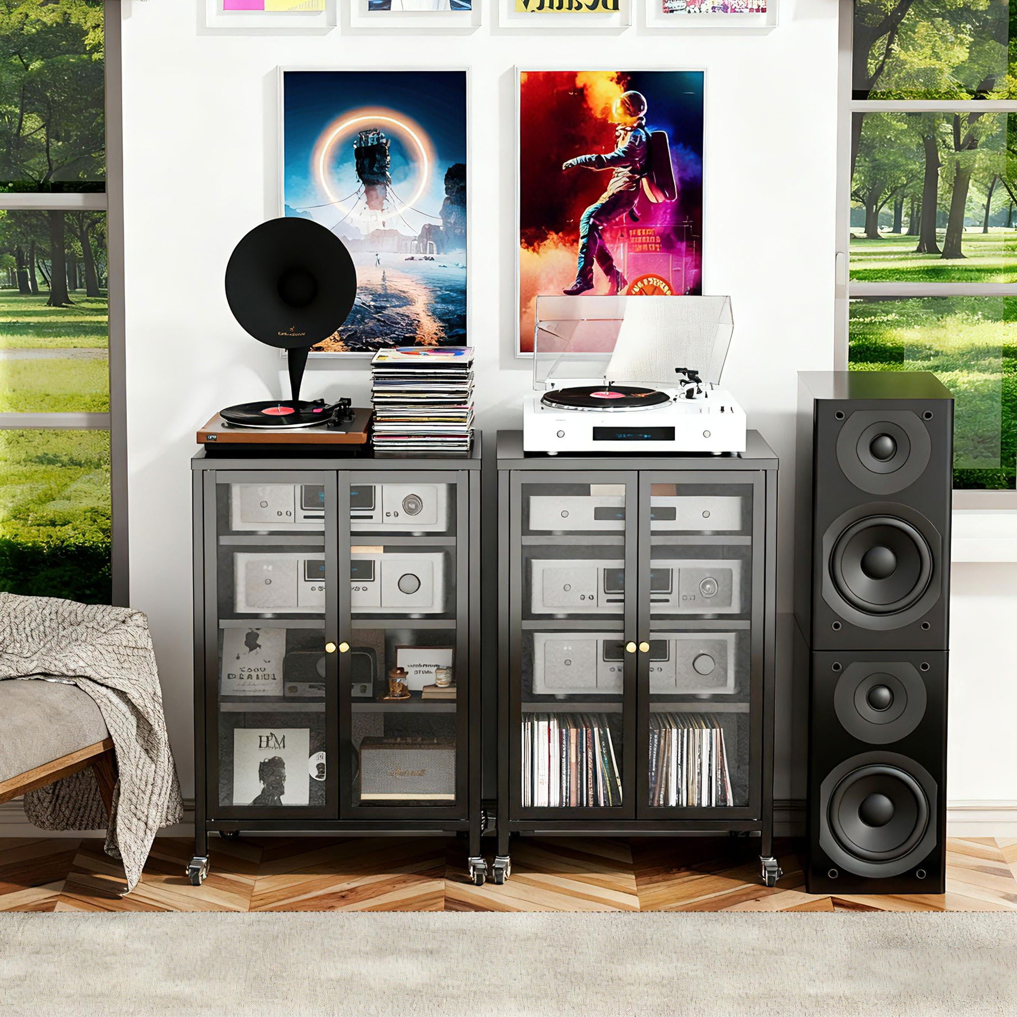 Media Storage Cabinet With Wheels, 4 Adjustable Glass Shelves & Door, Heavy-Duty - Black