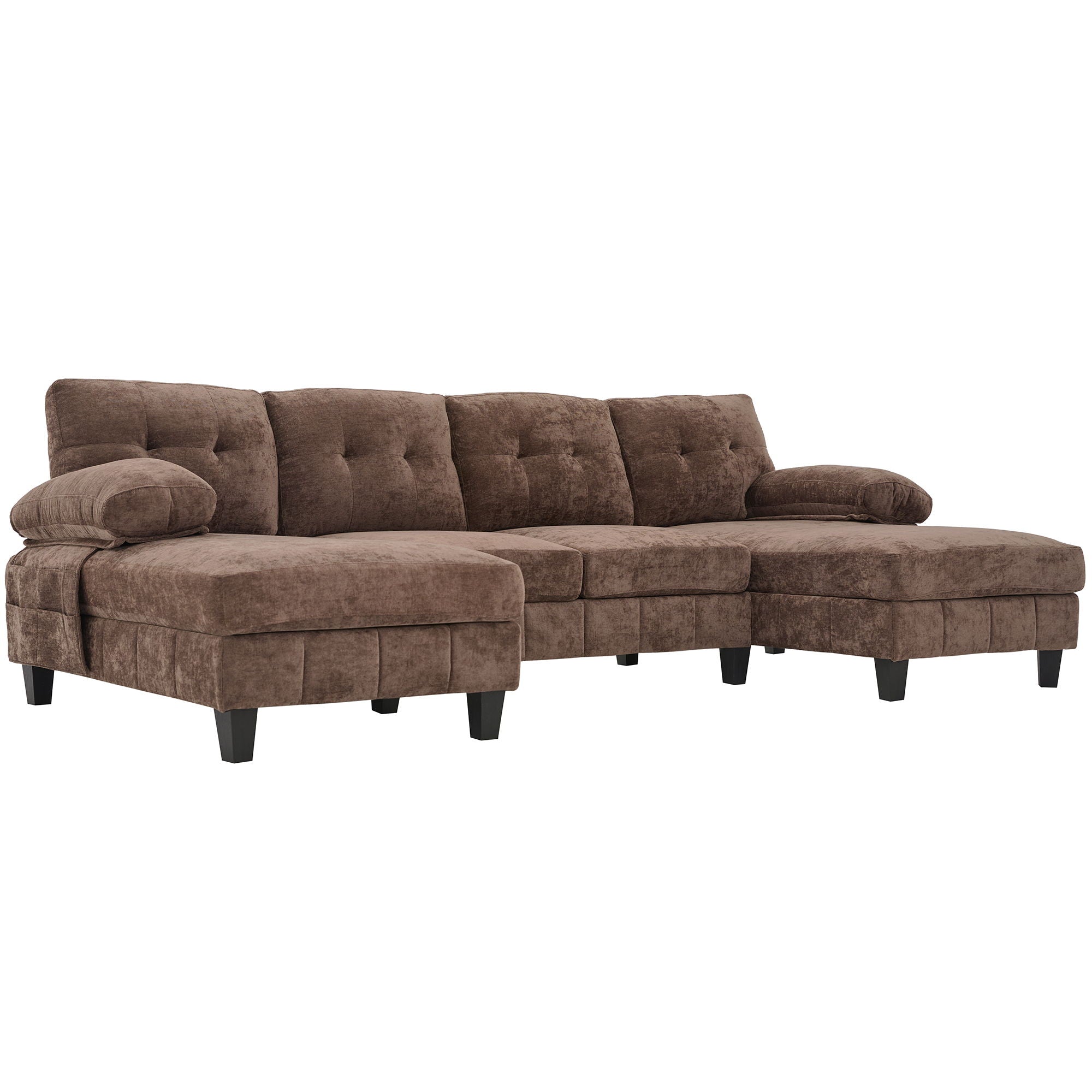 U-Shaped Sectional Sofa 103.5" Black Chenille Fabric Couch With Dual Chaise Lounges, Storage Pockets, Armrest Pillows