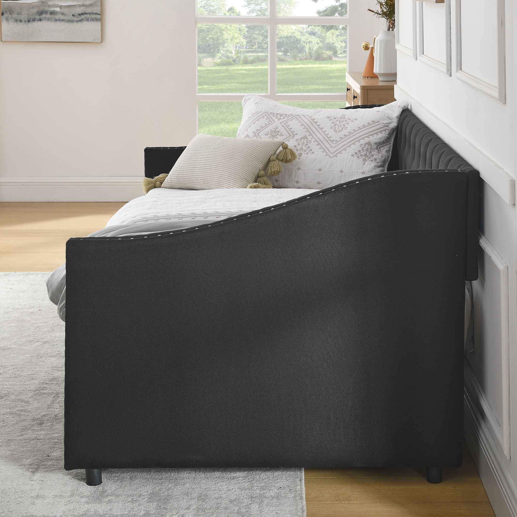 Upholstered Tufted Daybed With 2 Drawers, Waved Arms