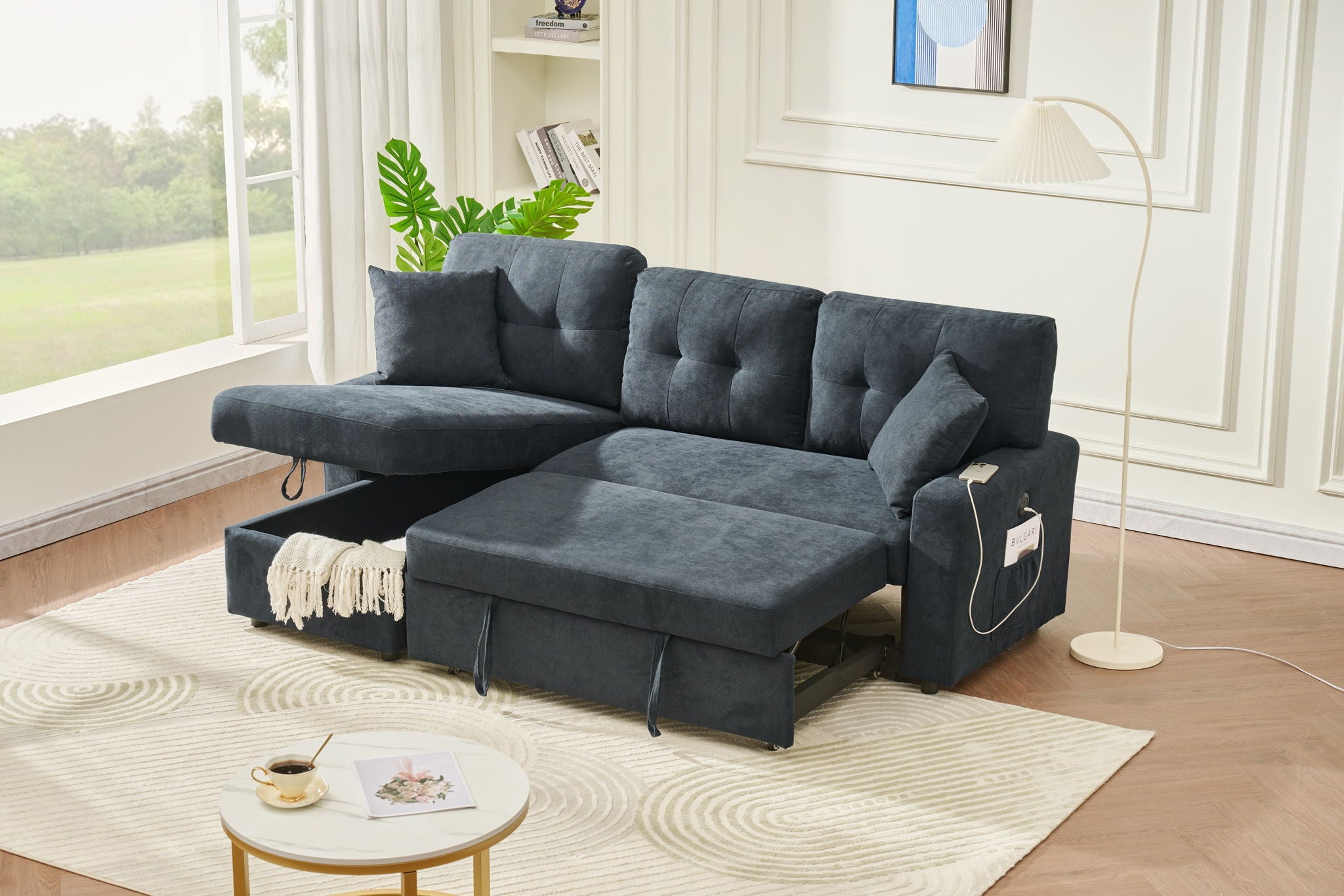 Reversible Sofa Couch Sleeper With Pull Out Bed And USB Port