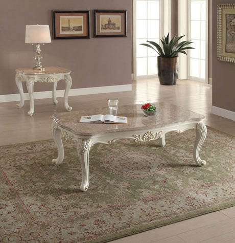 ACME KD, Rect. Coffee Table w/Marble Top • Curved Apron w/Scrolled Ornamental Details • Leg: Queen Anne w/Leaf Accent | Meri Furniture
