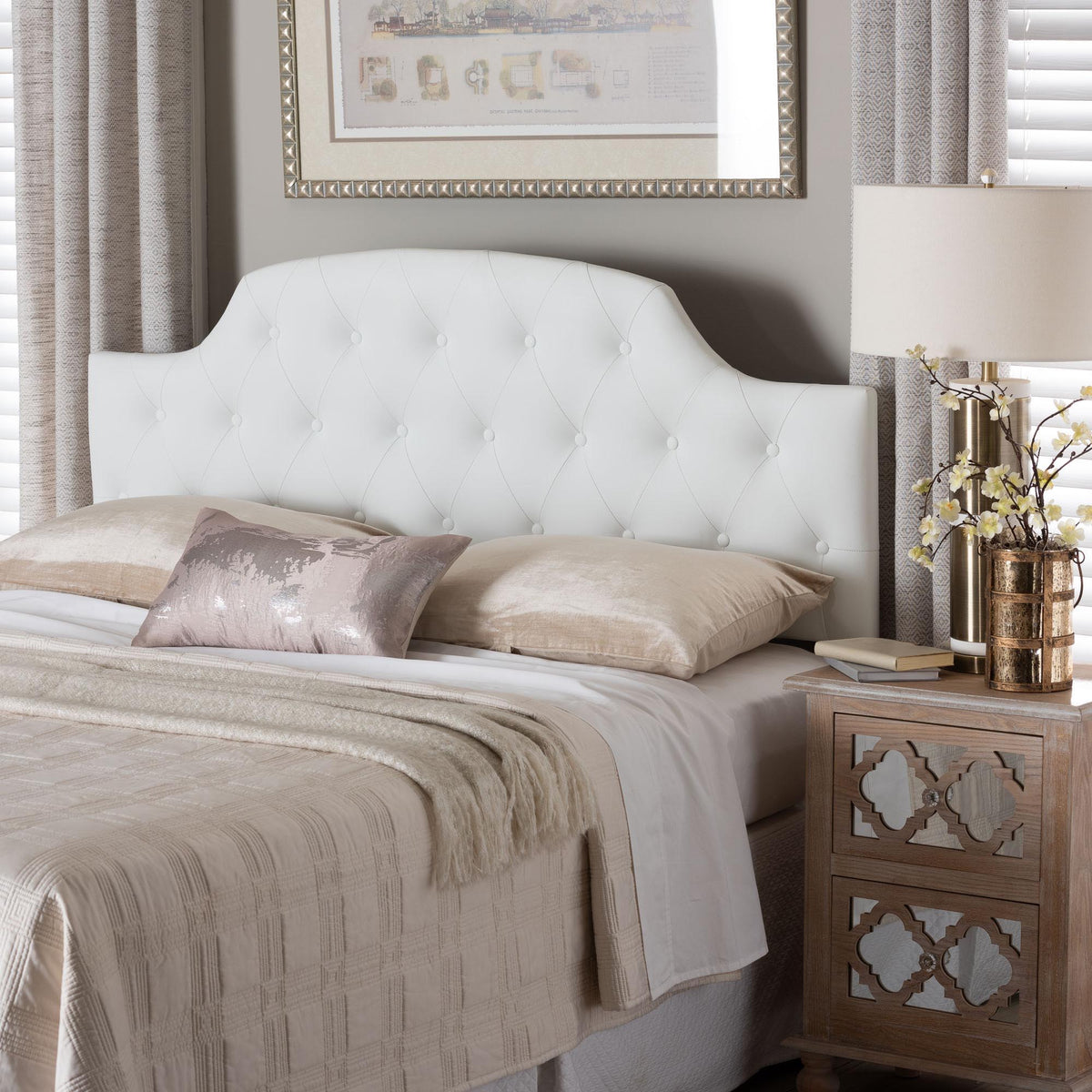Morris Modern and Contemporary Queen Size White Faux Leather Upholstered Button-tufted Scalloped Headboard