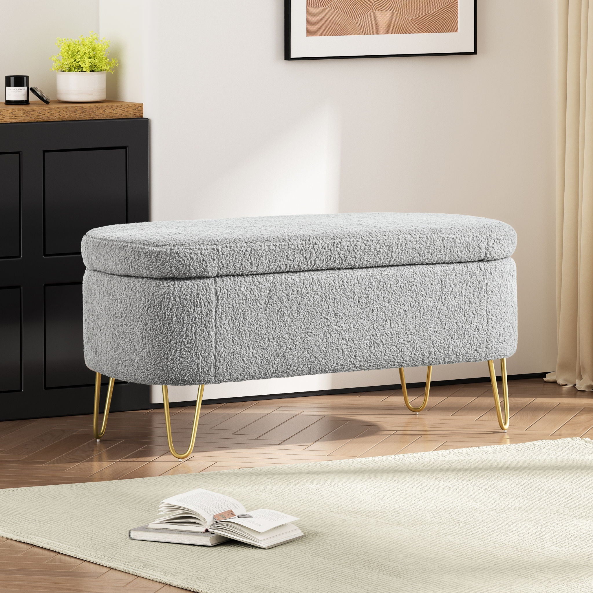 Upholstered Oval Storage Bench For Living Room