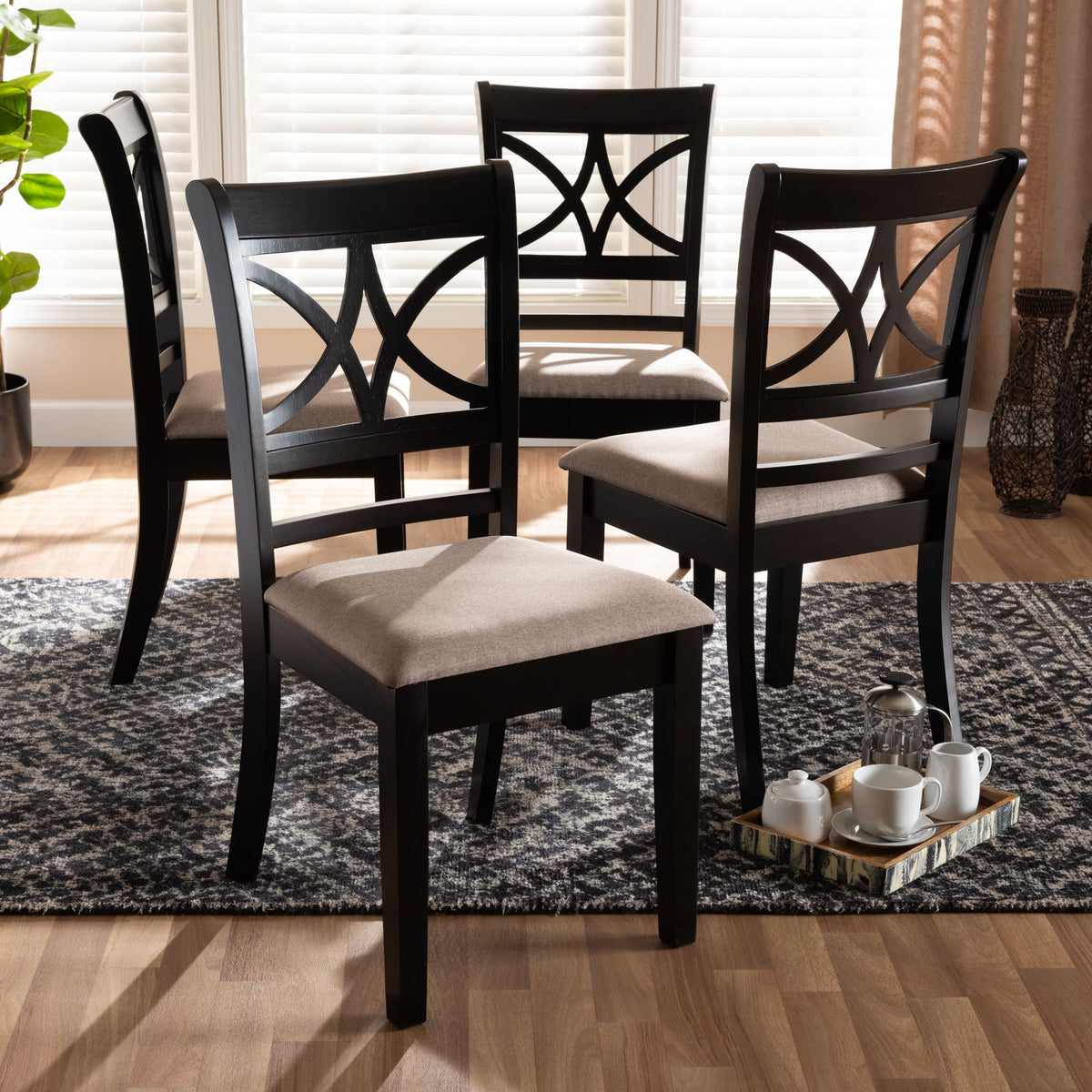 Clarke Modern and Contemporary Sand Fabric Upholstered and Espresso Brown Finished Wood 4-Piece Dining Chair Set