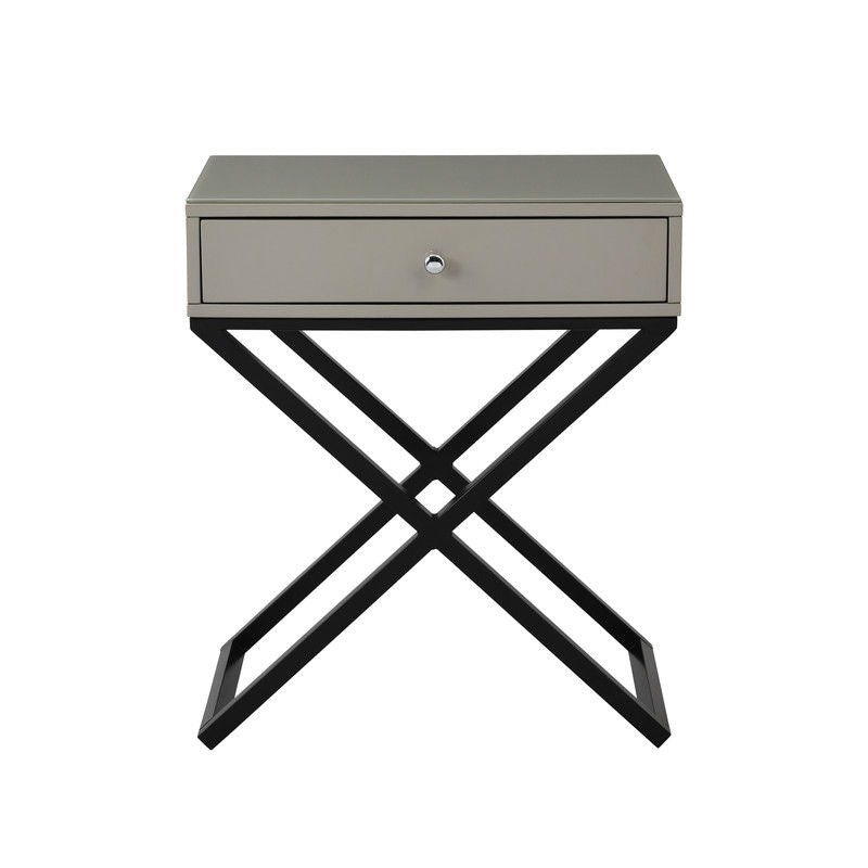Koda 23"W Taupe Wooden End Side Table Nightstand with Glass Top, Drawer and Metal Cross Base