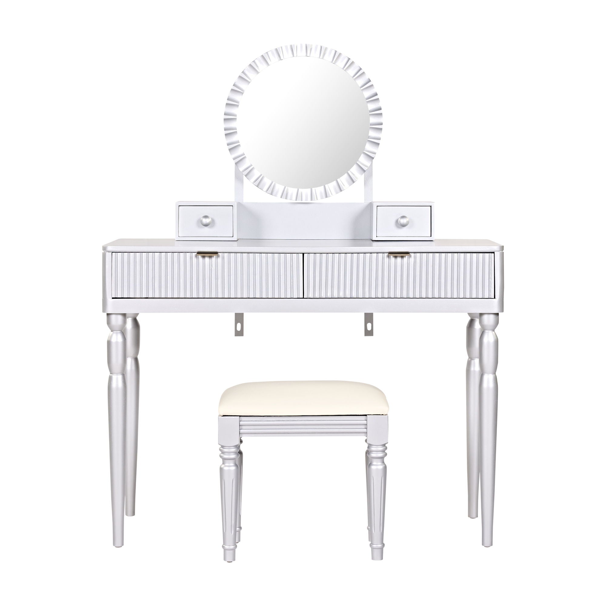 Luxury Vanity Desk With Round Mirror Height Adjustable Dressing Table Set Engineered Wood - Silver