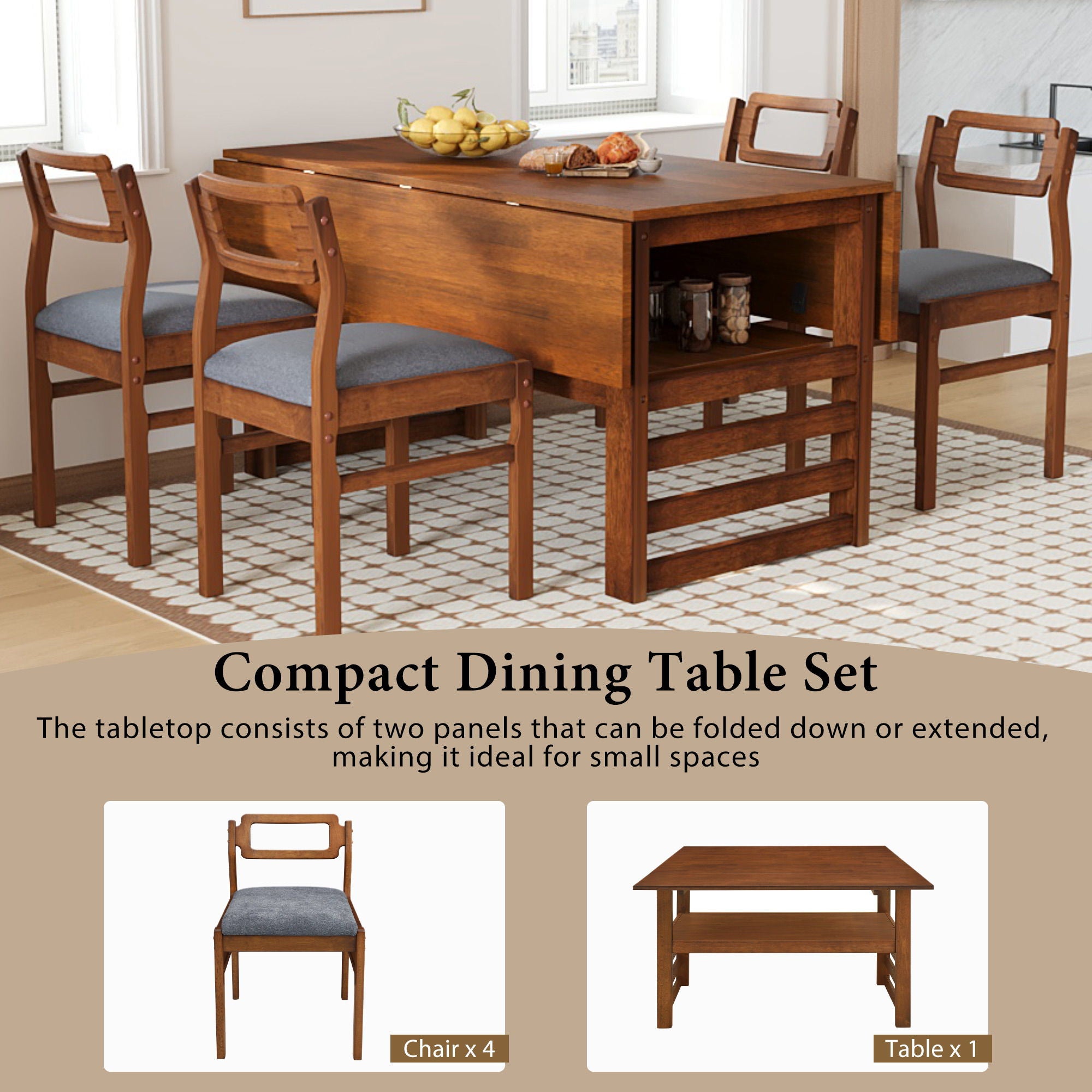 5 Piece Extendable Wood Square Dining Table Set With 2 Drop Leaves