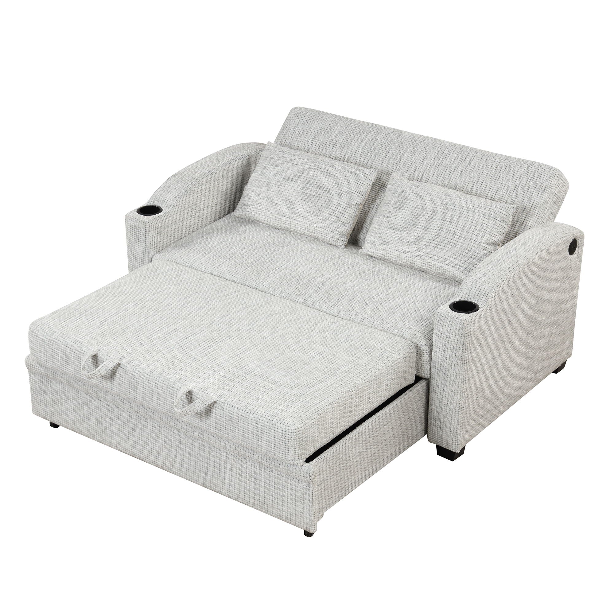 Pull Out Loveseat Sofa With Adjsutable Backrest, 2 Pillows, Cup Holders, USB Ports For Living Room