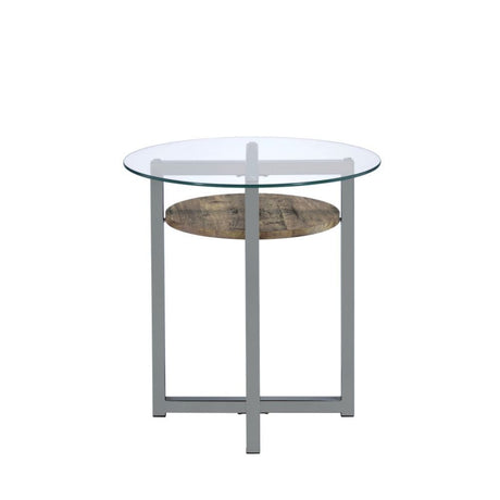 Janette - End Table - Weathered Oak, Black Nickel & Clear Glass