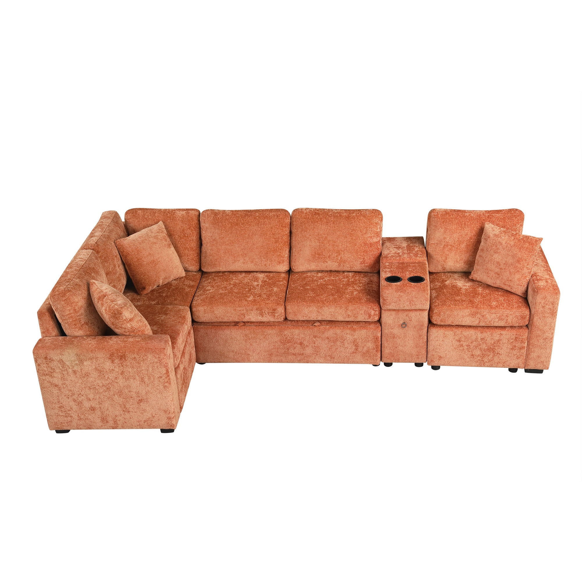 Contemporary L Shaped Convertible Sofa Bed With Pull Out Bed, Cup Holders, And Storage