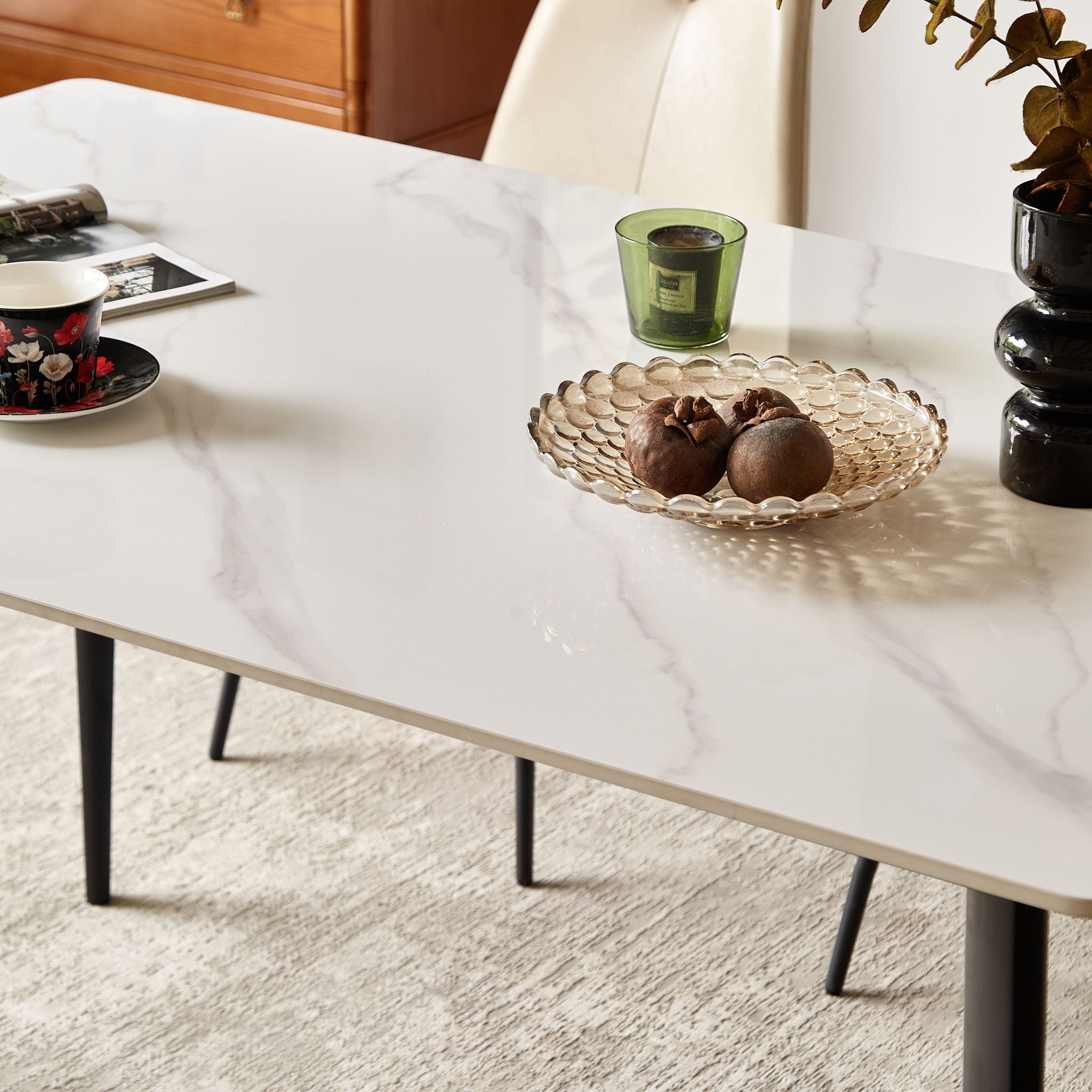 Mid Century Modern Dining Table Round White Sintered Stone Top Heavy Duty Metal Legs Waterproof Surface For Kitchen Dining Room Or Office Furniture - White / Black