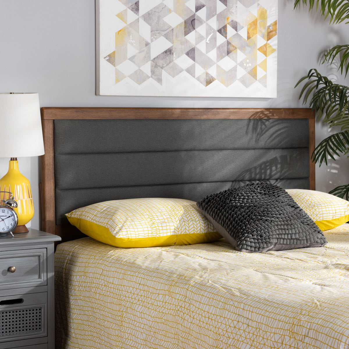 Dexter Modern and Contemporary Dark Grey Fabric Upholstered and Walnut Brown Finished Wood King Size Headboard