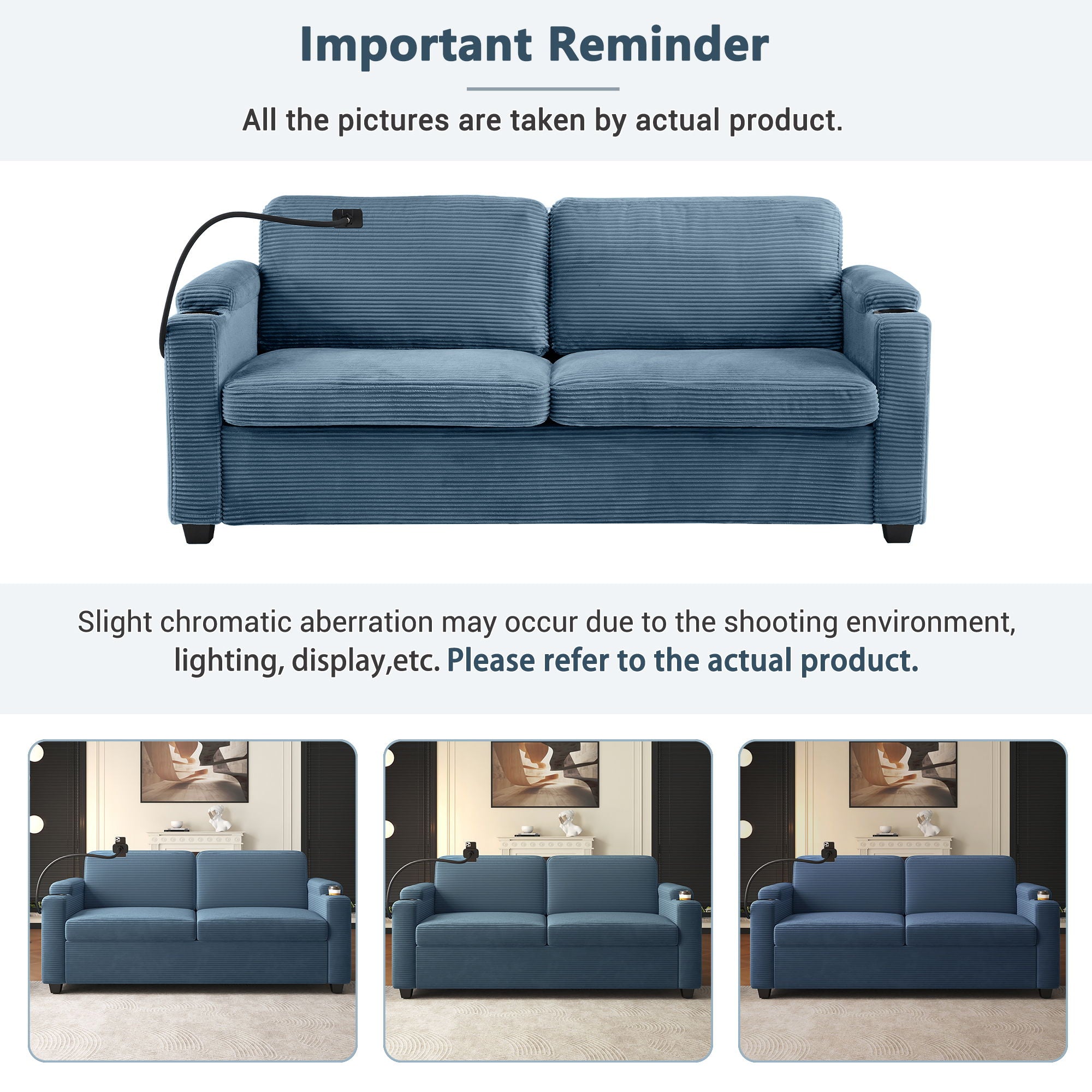 Corduroy Sleeper Sofa Loveseat Sofa With Full Size Mattress, 2 USB Ports, 2 Cup Holders, 2 Side Pockets And Phone Holder