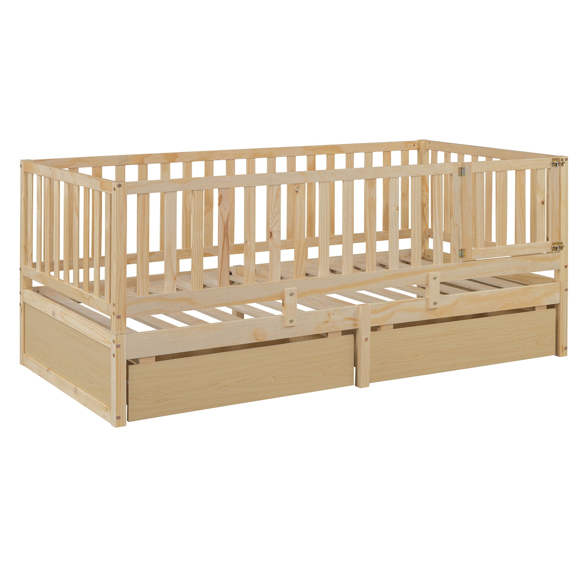 Daybed With Fence Guardrails And 2 Drawers, Split Into Independent Floor Bed & Daybed