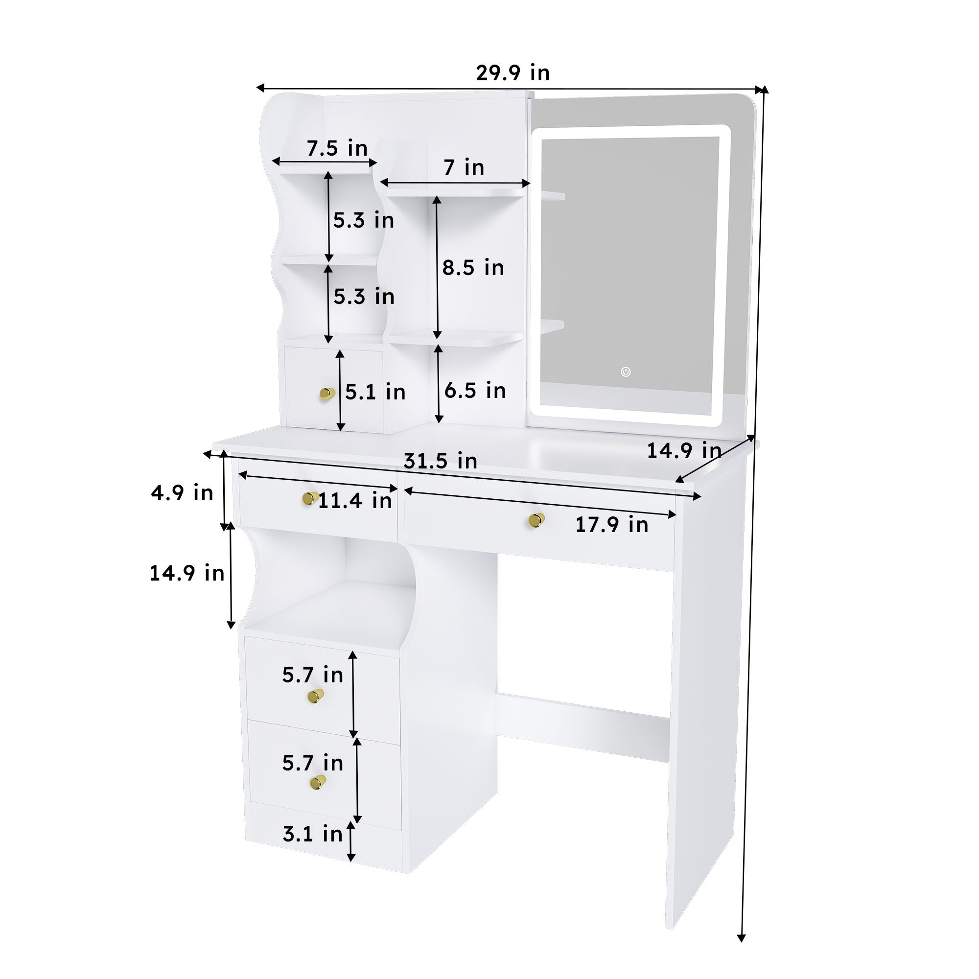 Dressing Table With Movable Mirror And LED Light, 5 Drawer Storage Organizer - White