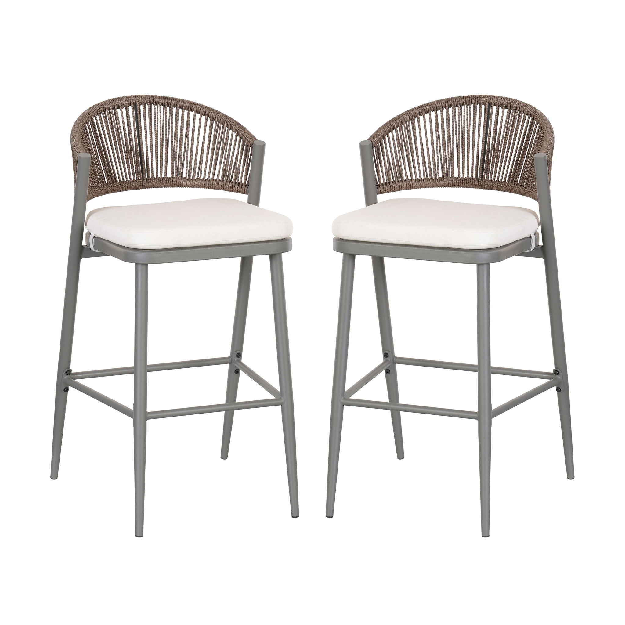 Outdoor Bar Height Metal Frame Counter Stools With Scallop Shaped Backrest & Water Resistant Cushions
