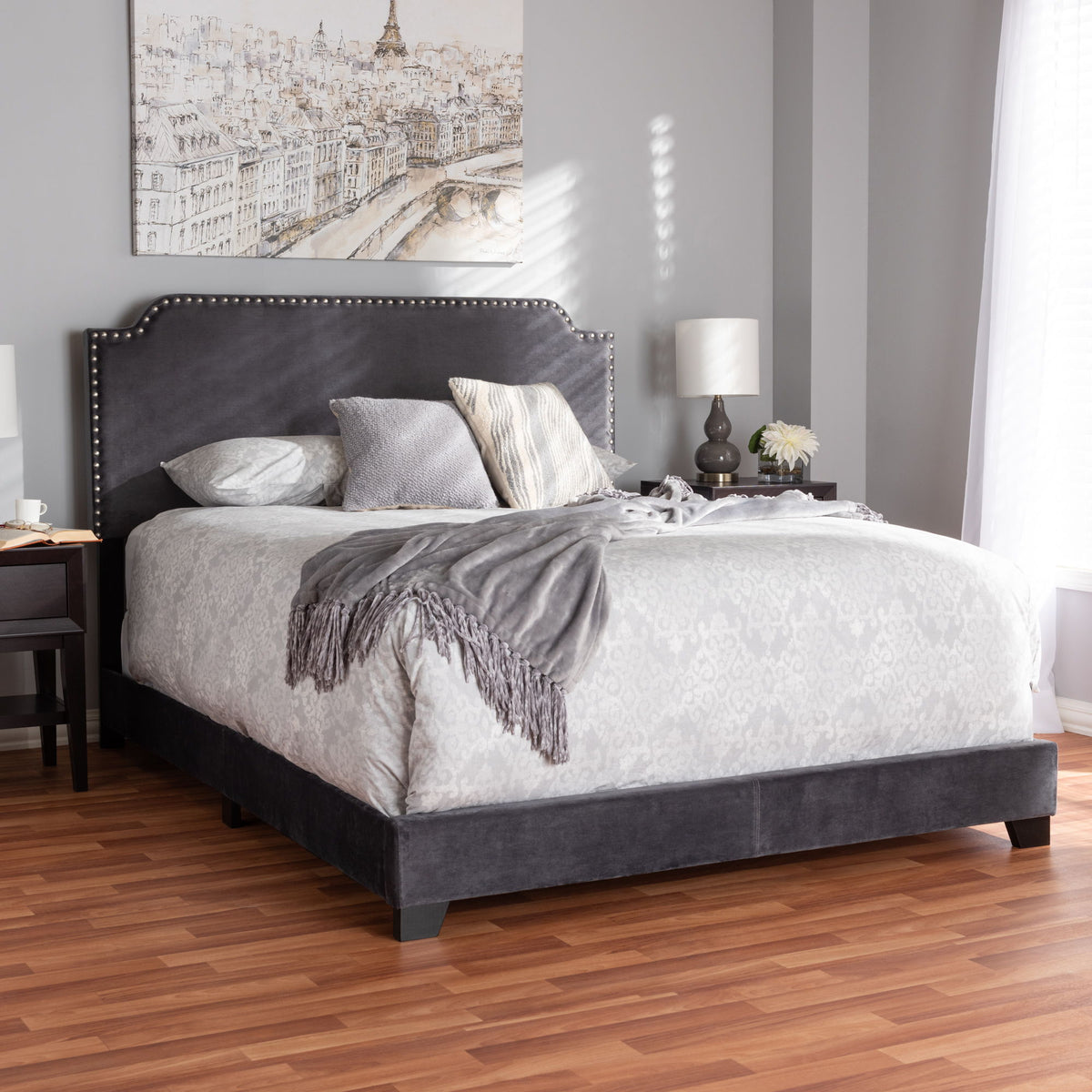 Darcy Luxe and Glamour Dark Grey Velvet Upholstered Queen Size Bed