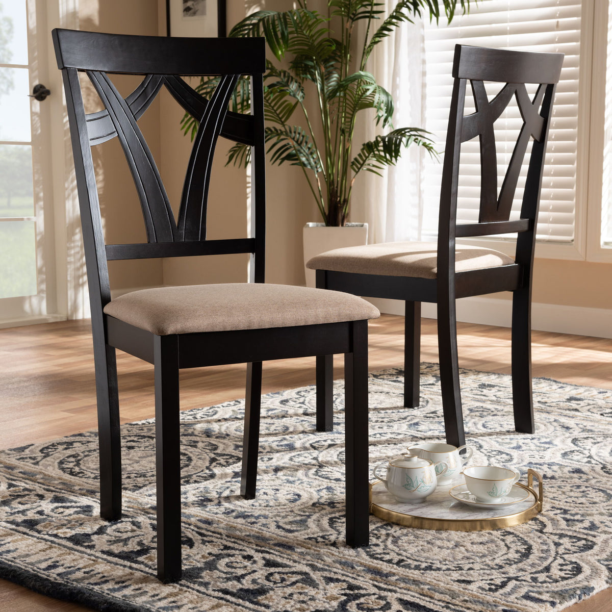 Sylvia Modern and Contemporary Sand Fabric Upholstered and Espresso Brown Finished Dining Chair Set of 2