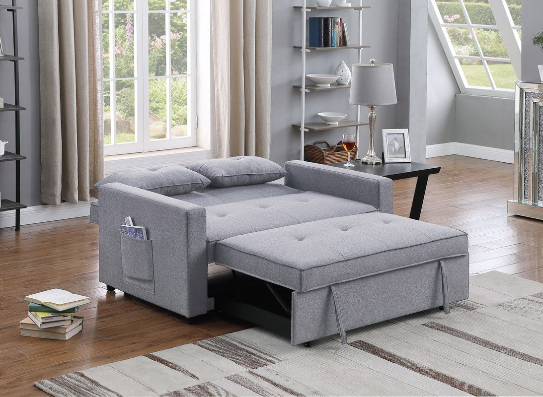 Zoey 56"W Light Gray Linen Convertible Sleeper Loveseat with Side Pocket