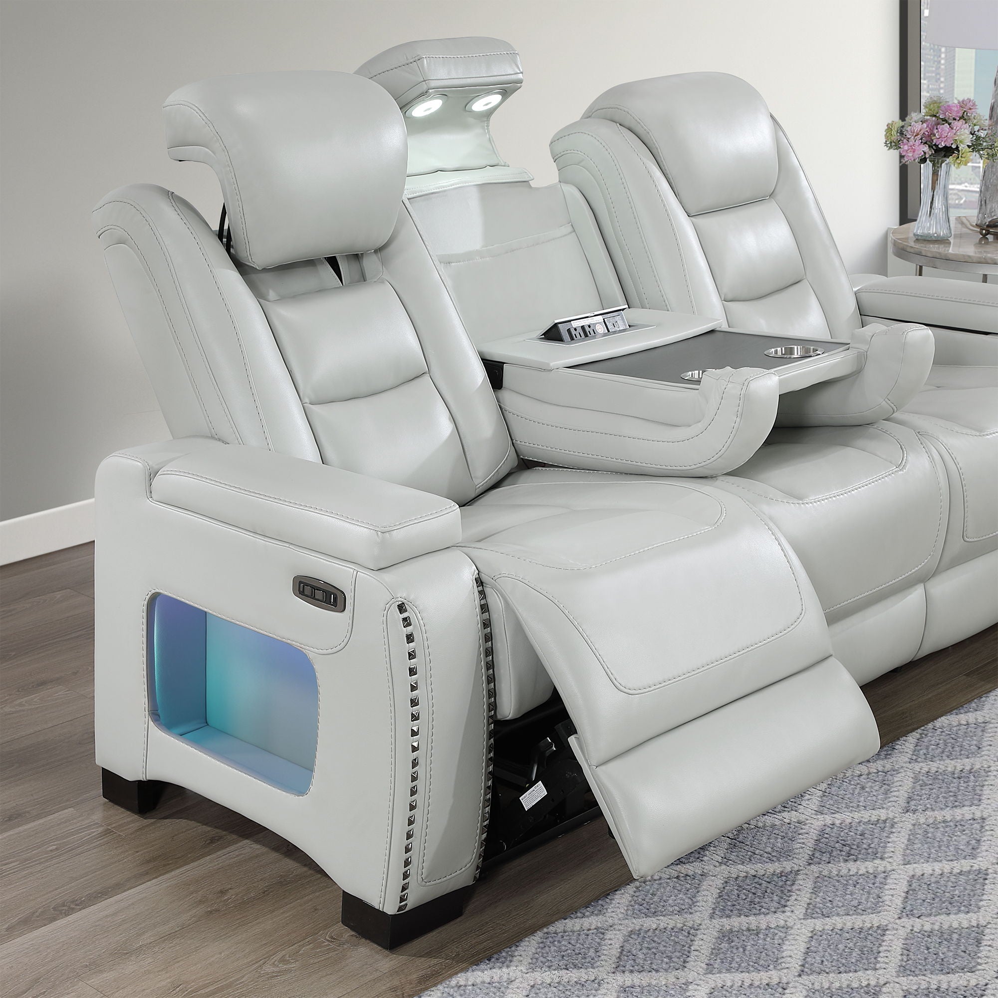 Power Sofa With USB LED Headrest, Bookshelf Arms, And Storage - Gray