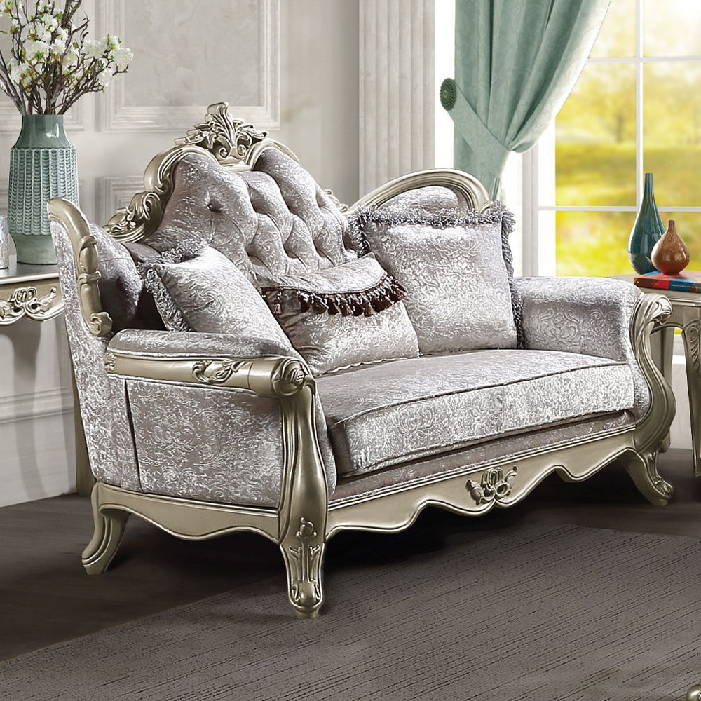 ACME Libertee - Loveseat With 3 Pillows - Beige Fabric & Champagne | Meri Furniture