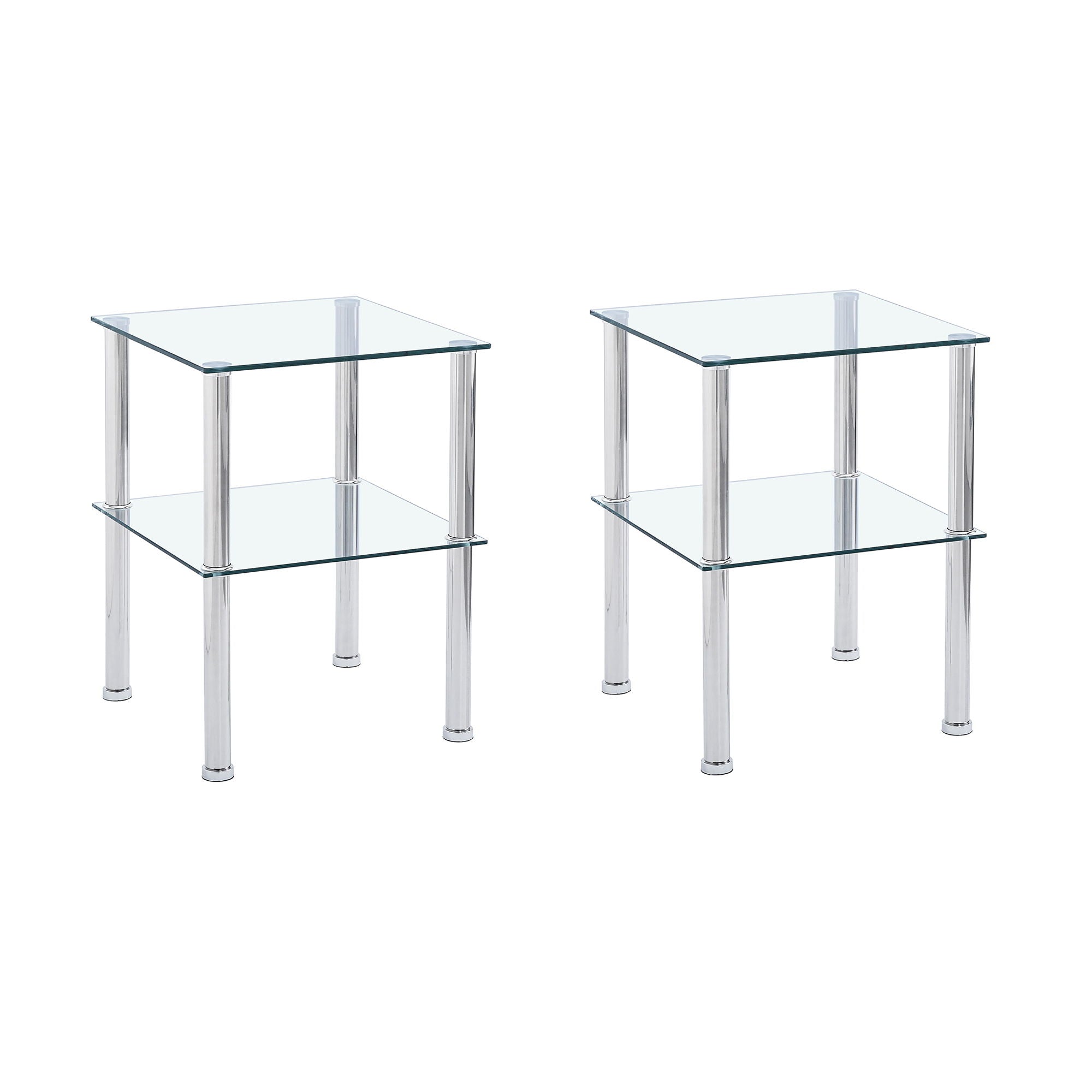 Modern 2 Piece Side Table With Storage Shelf, Tempered Glass, Space Saving Design - Clear