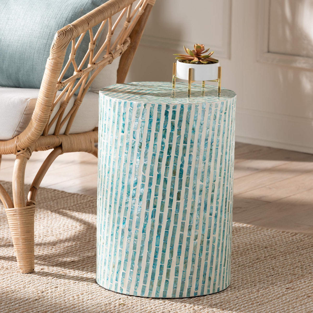 Draven Modern Bohemian White and Blue Mother of Pearl End Table
