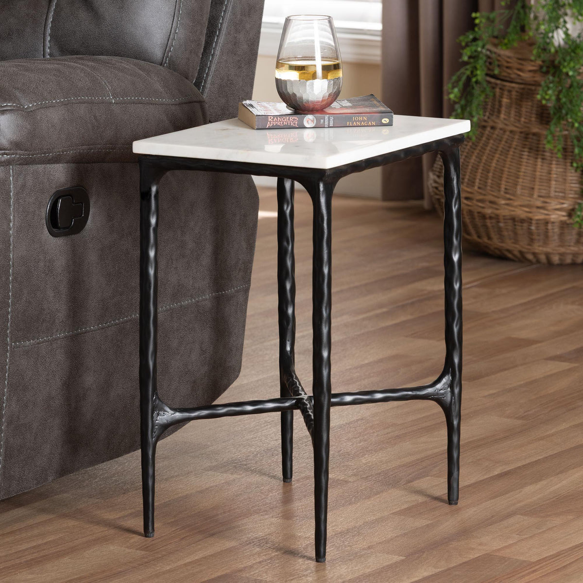 Akanji Marble End Table - Modern Rustic Accent Table with Hand-Forged Metal Frame for Living Room or Seating Areas, Rectangle